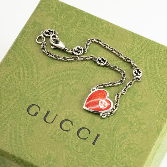 GUCCI 925 Sterling Silver Rolo Chain Bracelet w/ Red Enamel Heart