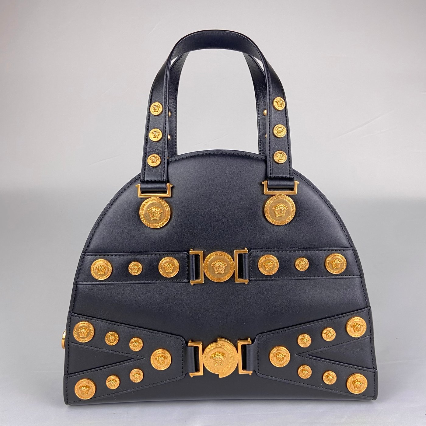 Versace Medusa Studded Dome Bag in Black Leather