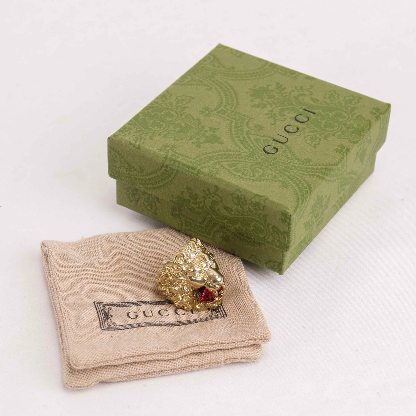Gucci Lion Head Ring with Red Crystal