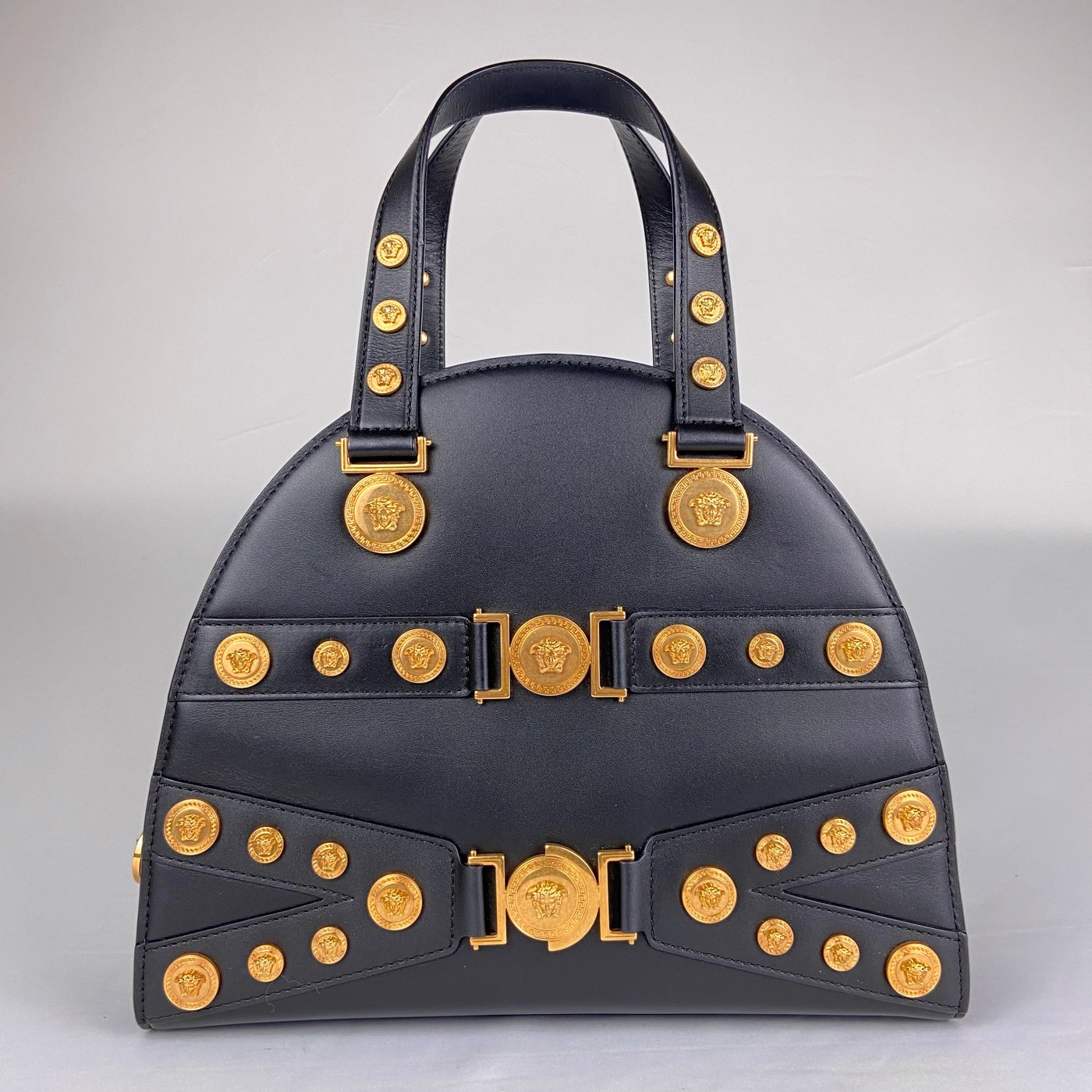 Versace Medusa Studded Dome Bag in Black Leather