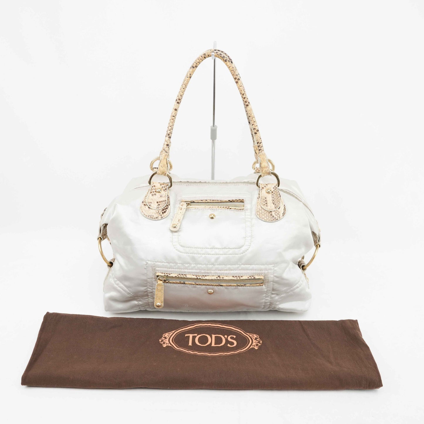 Tod’s White Satin & Python-Trimmed Handbag – Made in Italy