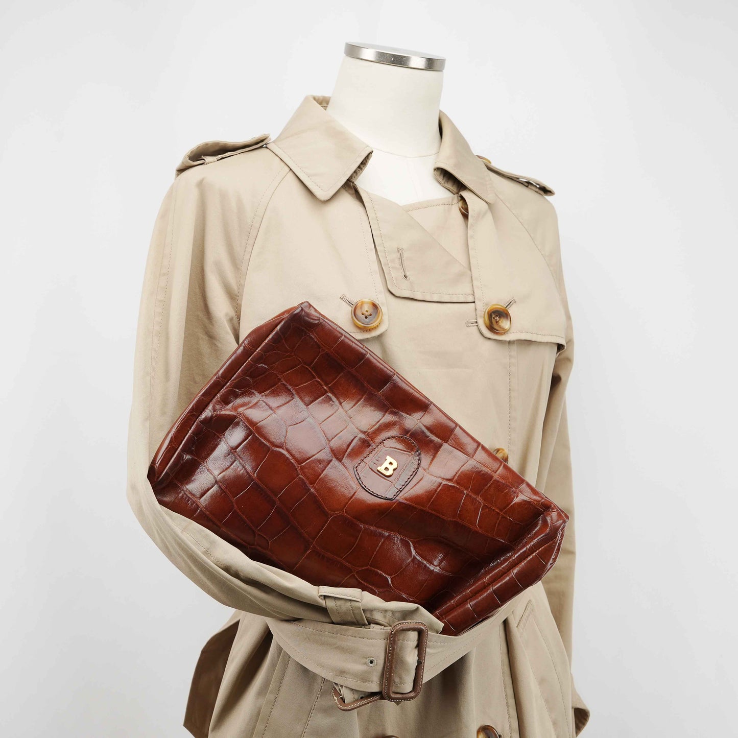 Bally Vintage Crocodile-Embossed Leather Clutch Bag – Brown – Made in Italy