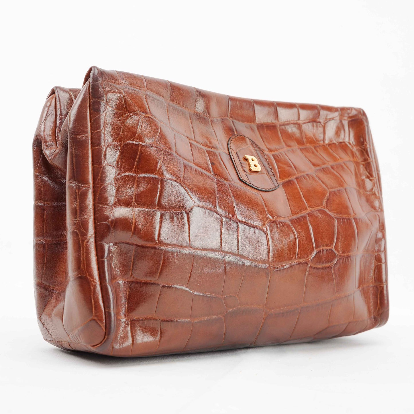 Bally Vintage Crocodile-Embossed Leather Clutch Bag – Brown – Made in Italy