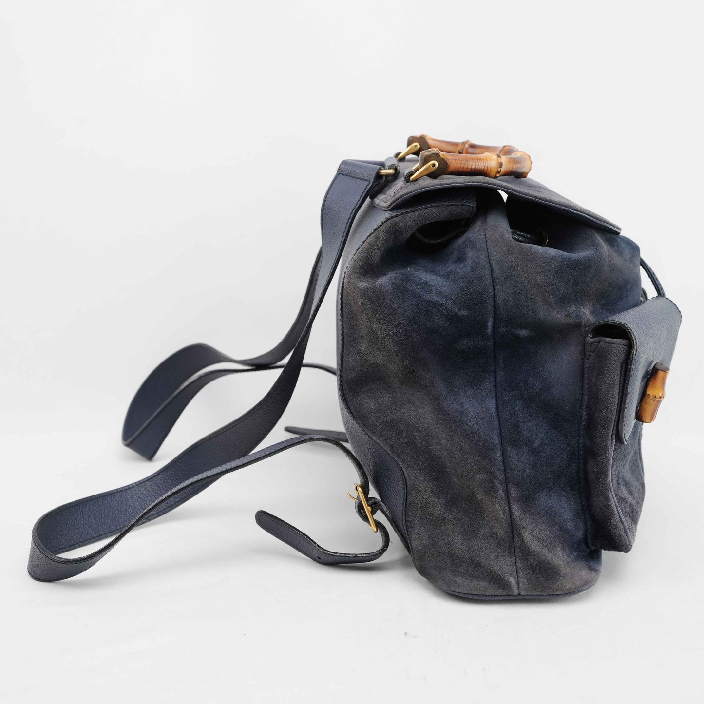 Gucci Vintage Bamboo/Leather & Suede Backpack in Navy Blue