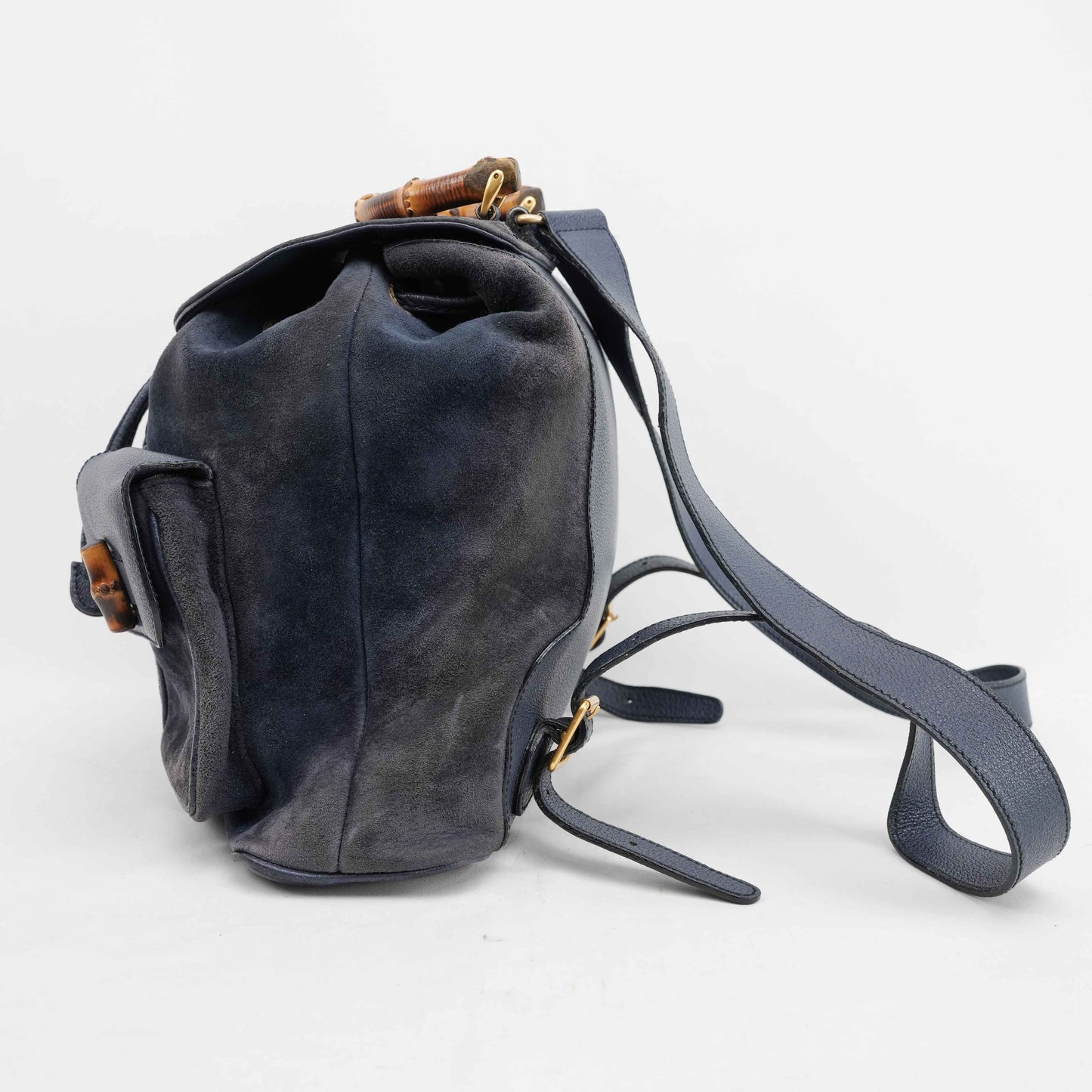 Gucci Vintage Bamboo/Leather & Suede Backpack in Navy Blue