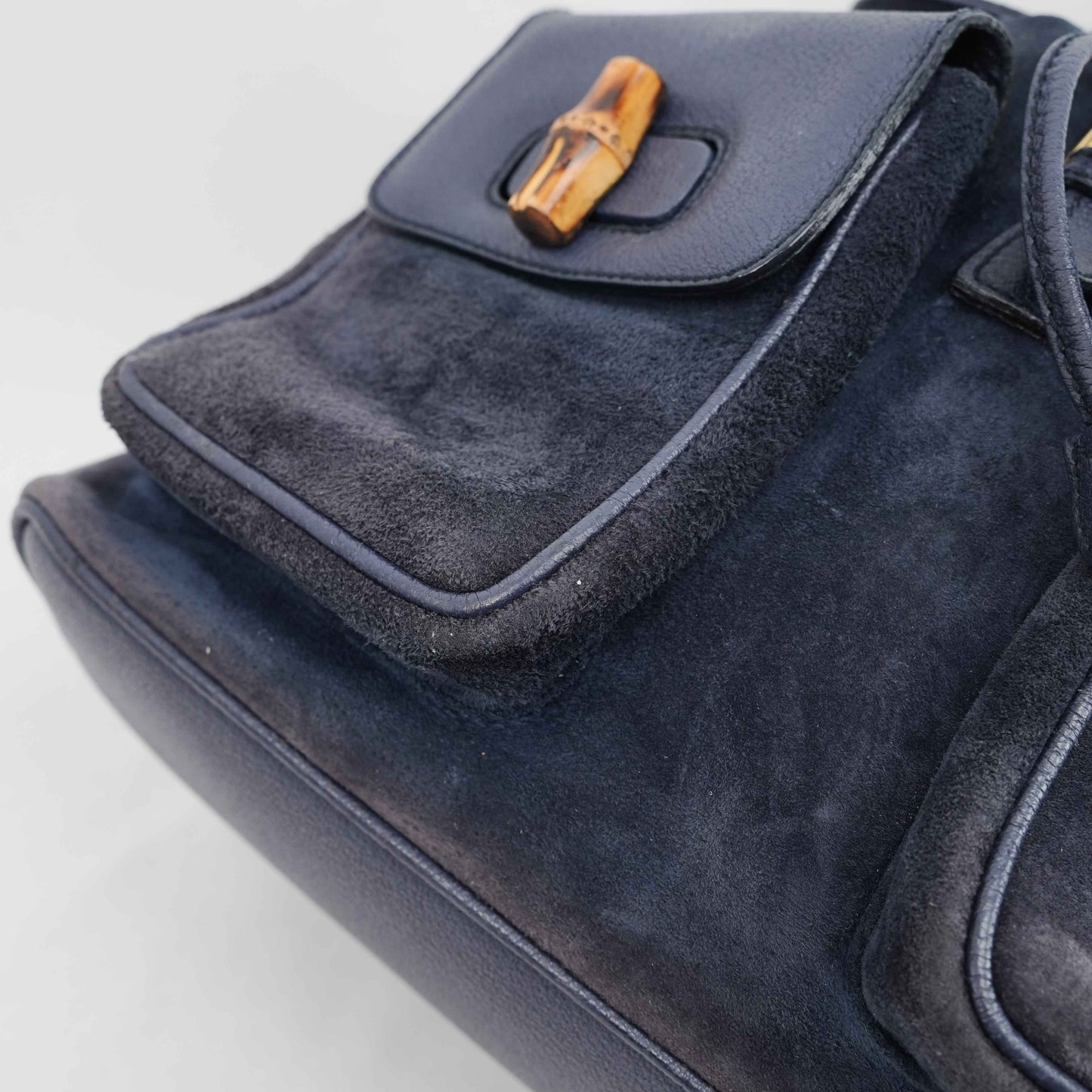Gucci Vintage Bamboo/Leather & Suede Backpack in Navy Blue