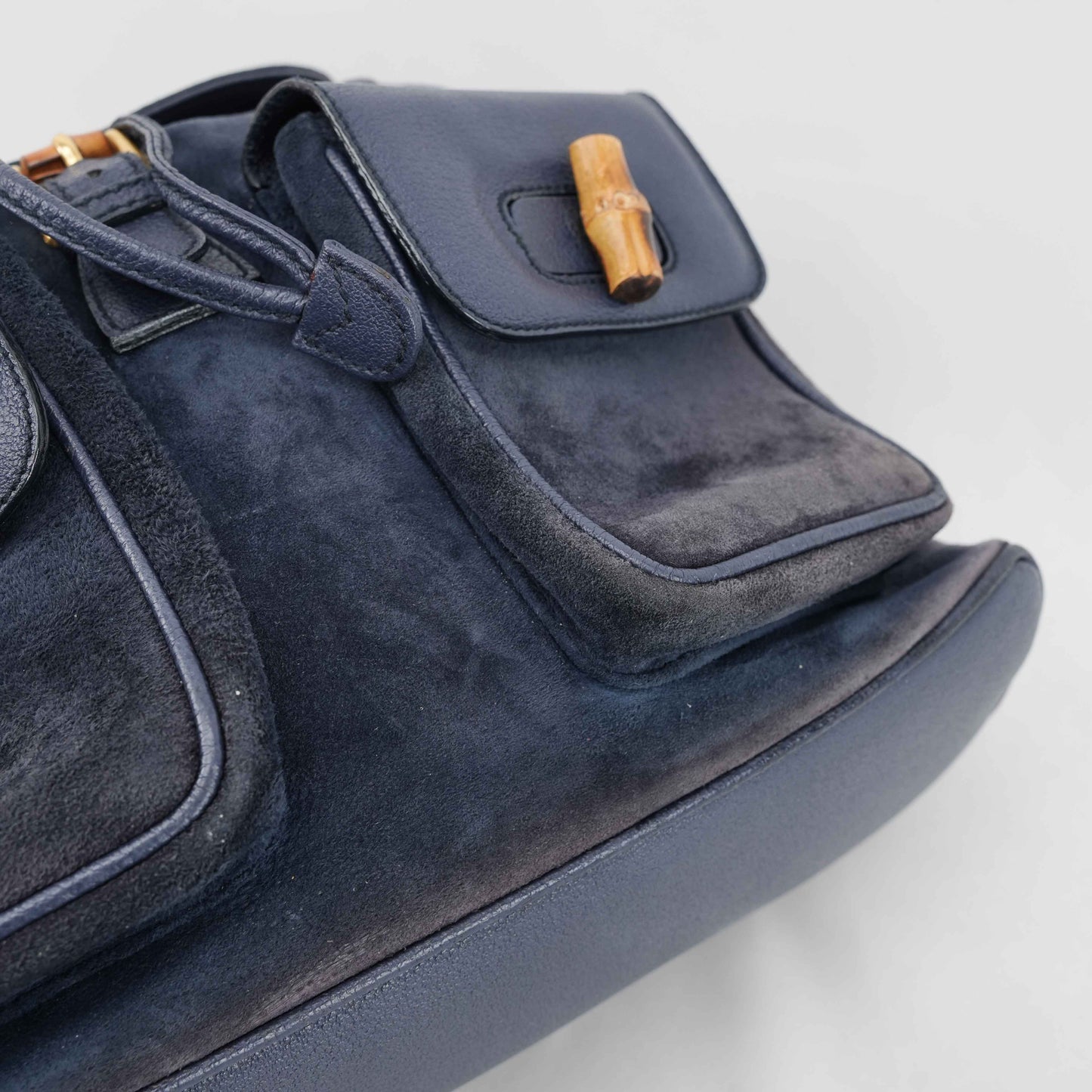 Gucci Vintage Bamboo/Leather & Suede Backpack in Navy Blue