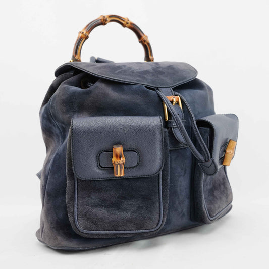 Gucci Vintage Bamboo/Leather & Suede Backpack in Navy Blue