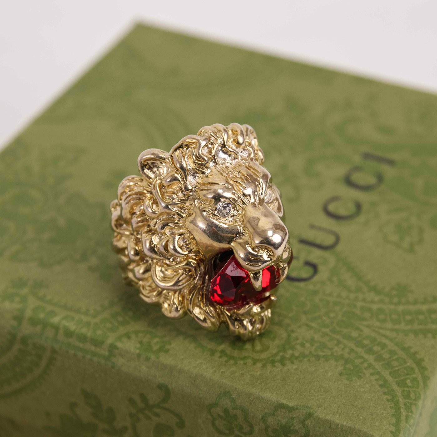 Gucci Lion Head Ring with Red Crystal