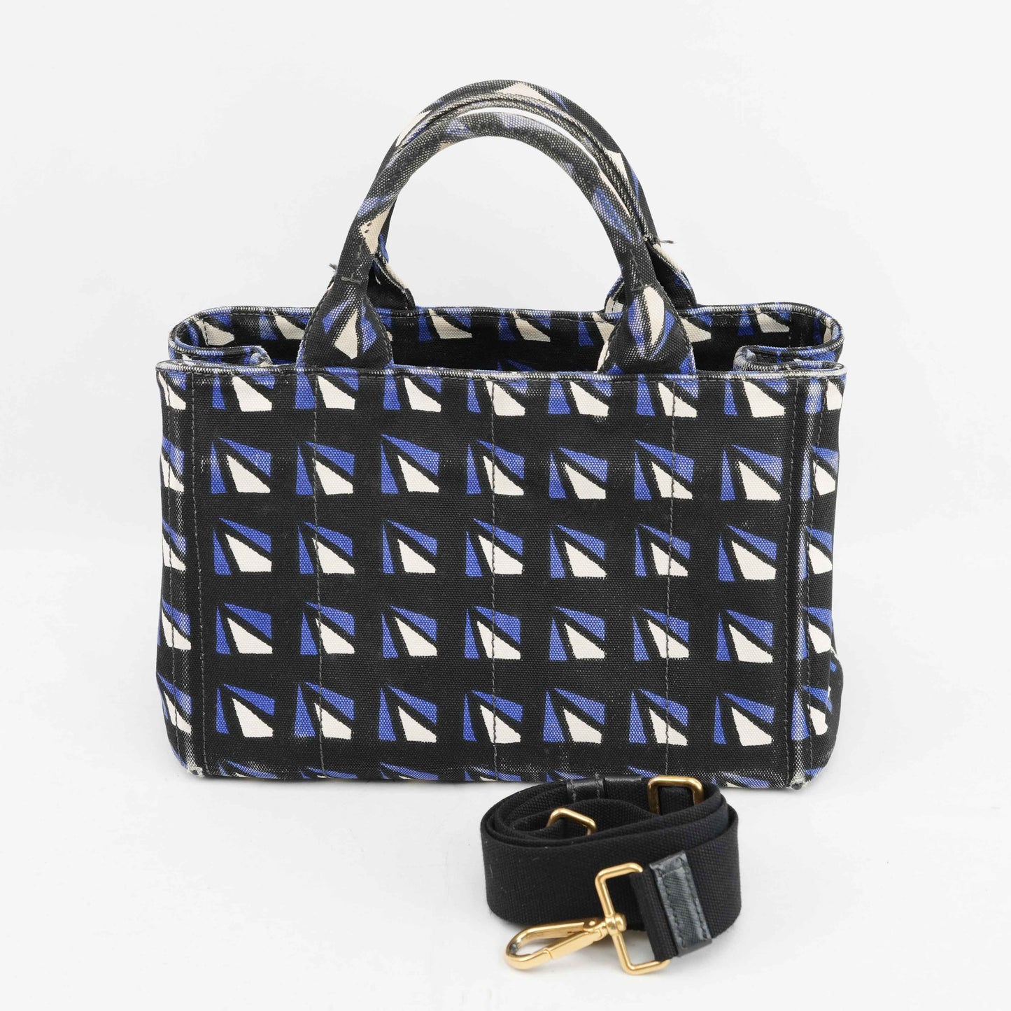 Authentic Prada Canapa Geometric Print Canvas Bag – Black/Blue