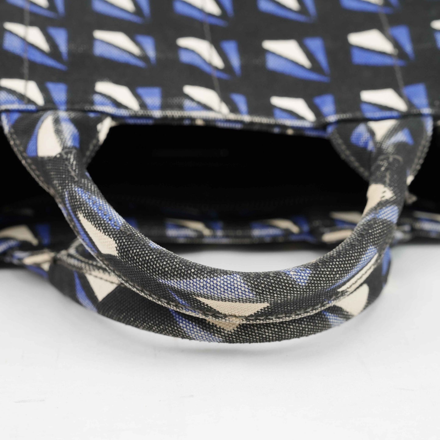 Authentic Prada Canapa Geometric Print Canvas Bag – Black/Blue