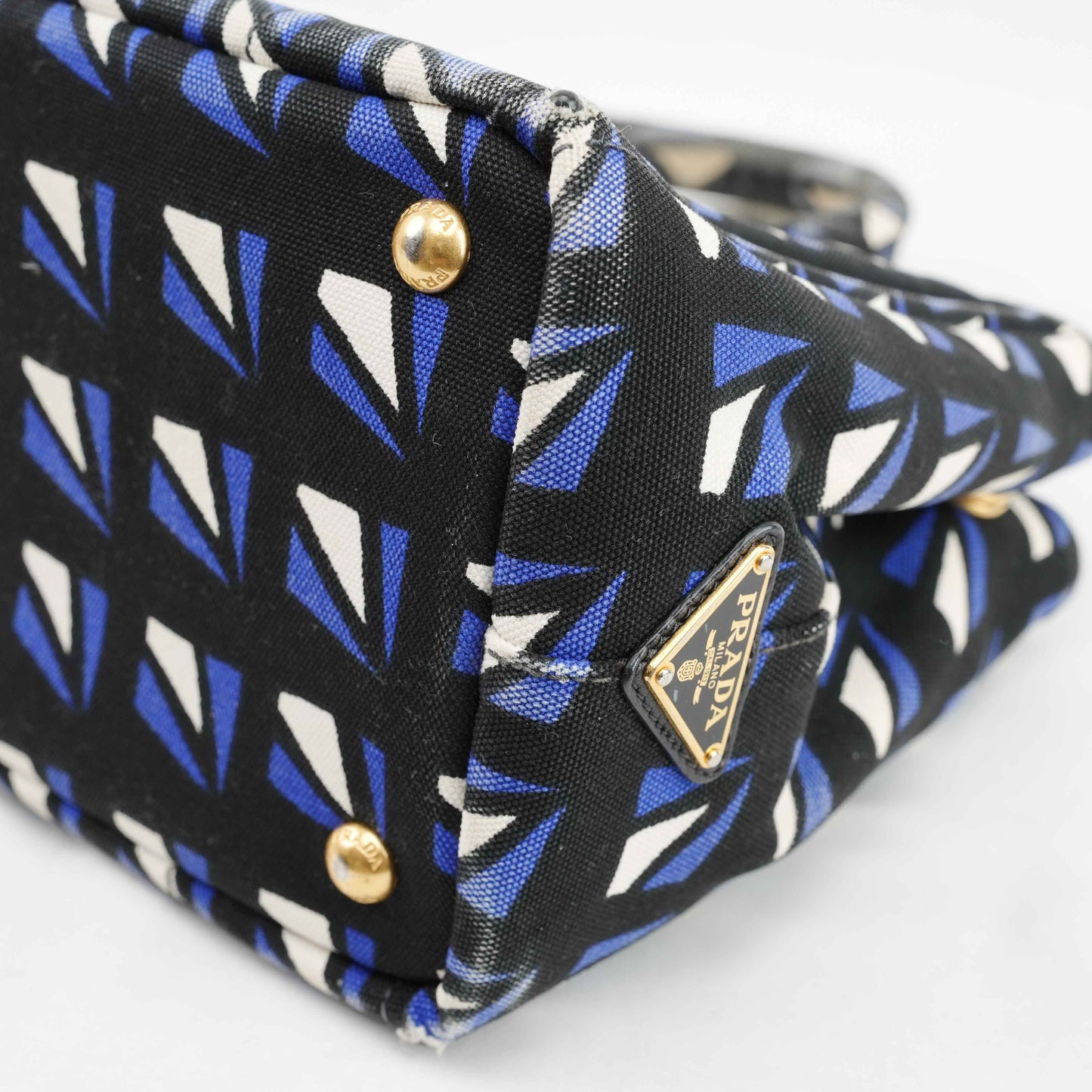 Authentic Prada Canapa Geometric Print Canvas Bag – Black/Blue