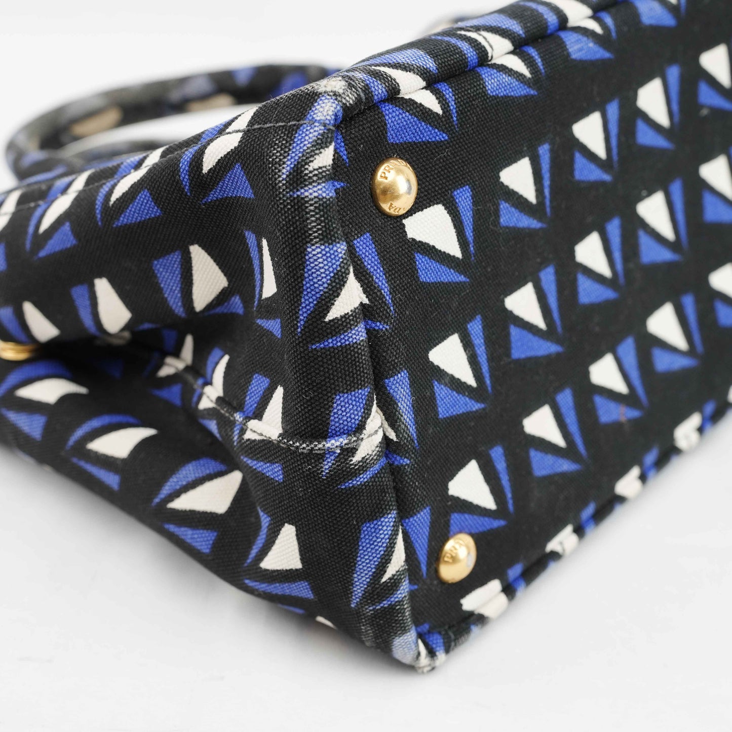 Authentic Prada Canapa Geometric Print Canvas Bag – Black/Blue