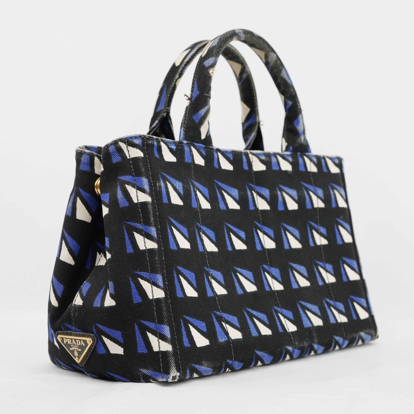 Authentic Prada Canapa Geometric Print Canvas Bag – Black/Blue
