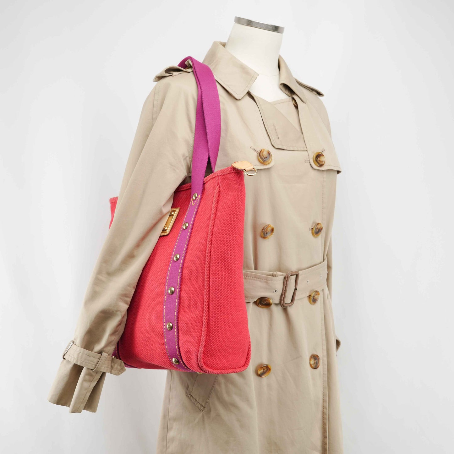 Louis Vuitton Antigua Cabas MM Tote Bag – Red Canvas with Fuchsia Straps