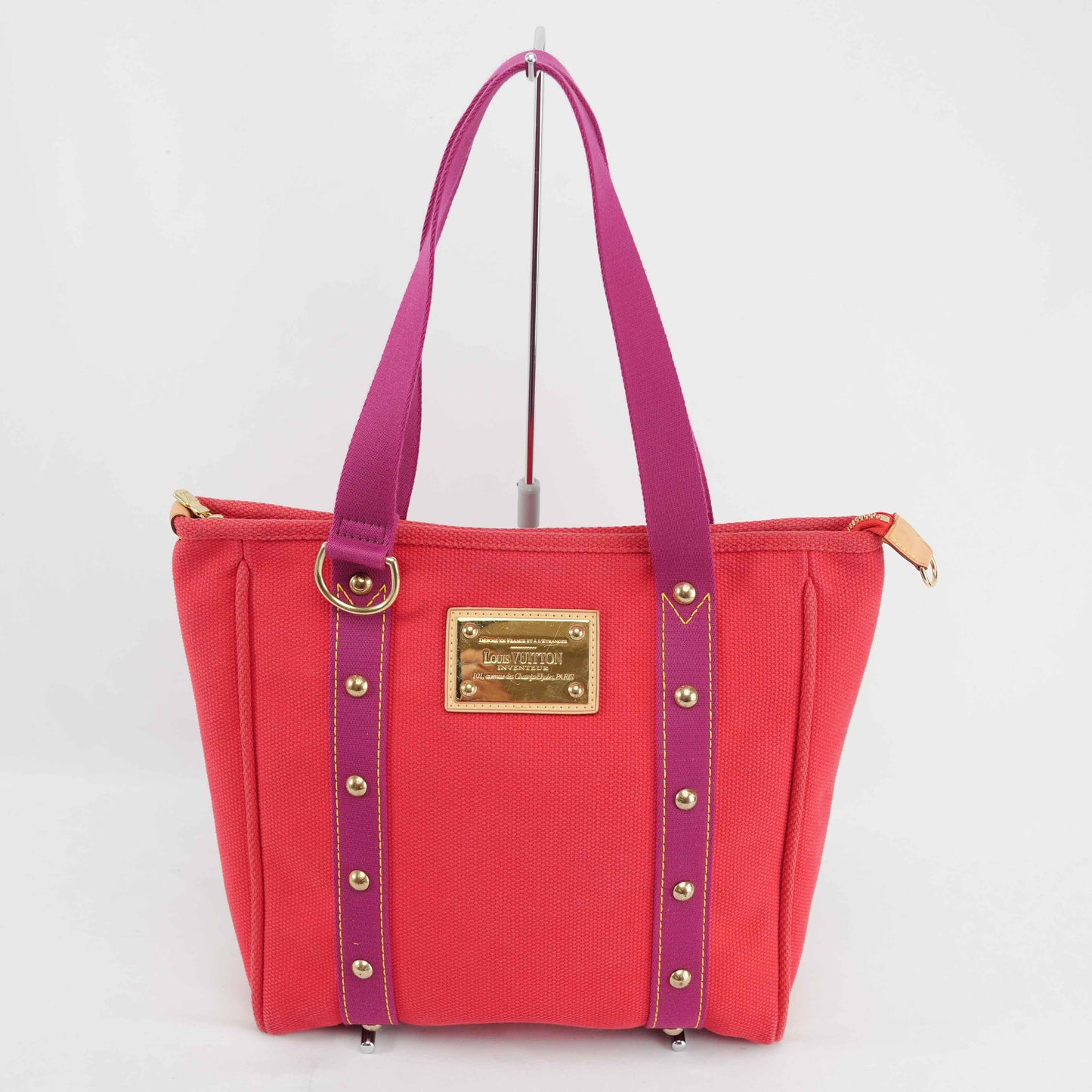 Louis Vuitton Antigua Cabas MM Tote Bag – Red Canvas with Fuchsia Straps