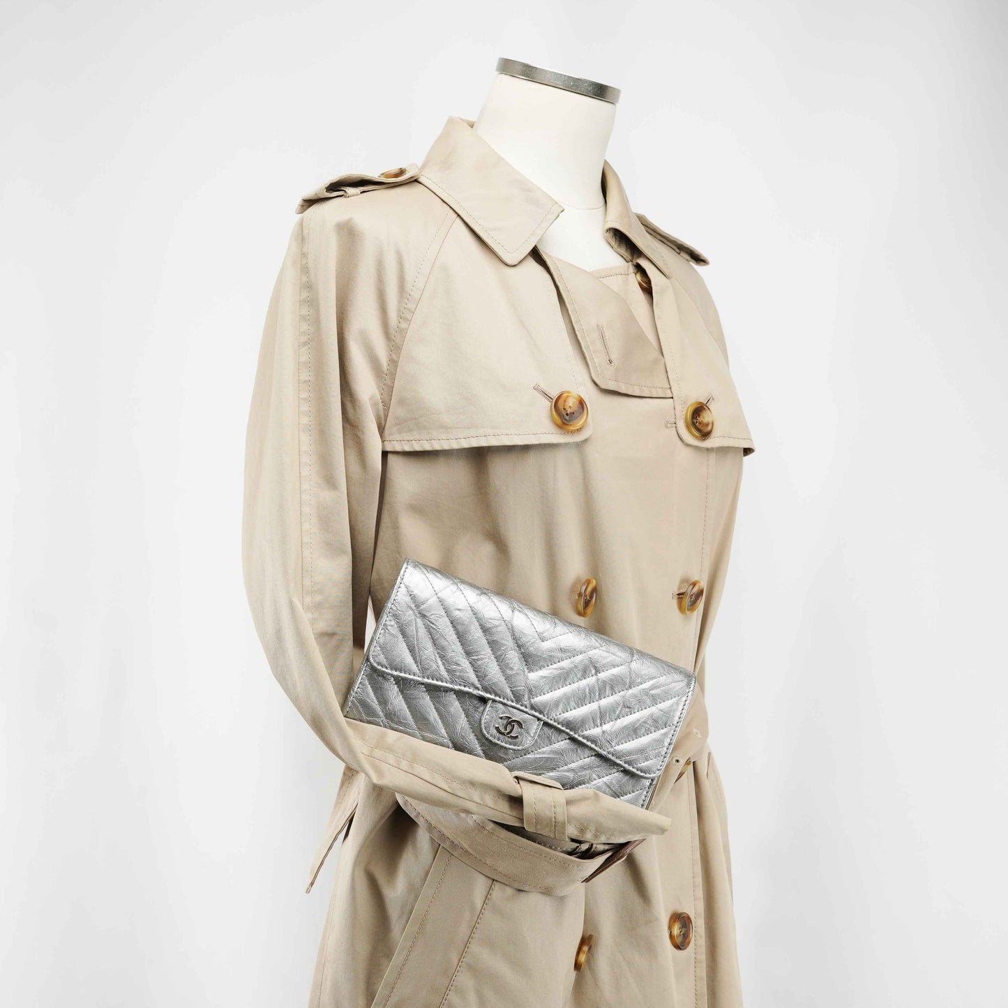 Chanel Metallic Silver Quilted Leather Wallet