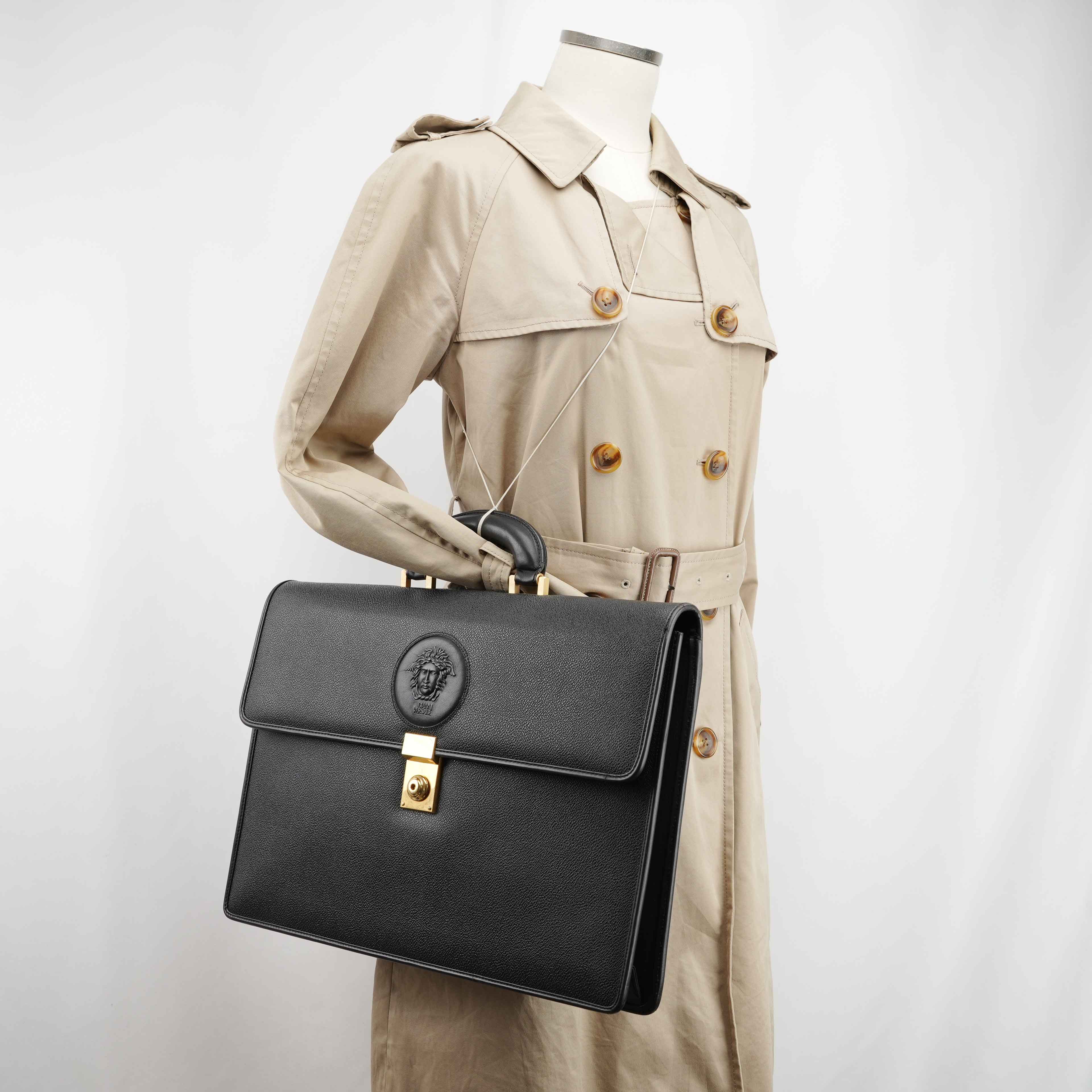 Gianni Versace Vintage Medusa Embossed Leather Briefcase – Black