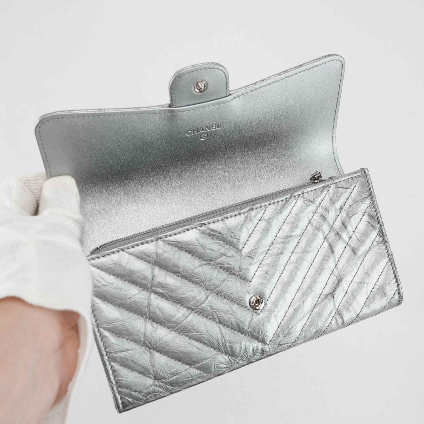 Chanel Metallic Silver Quilted Leather Wallet
