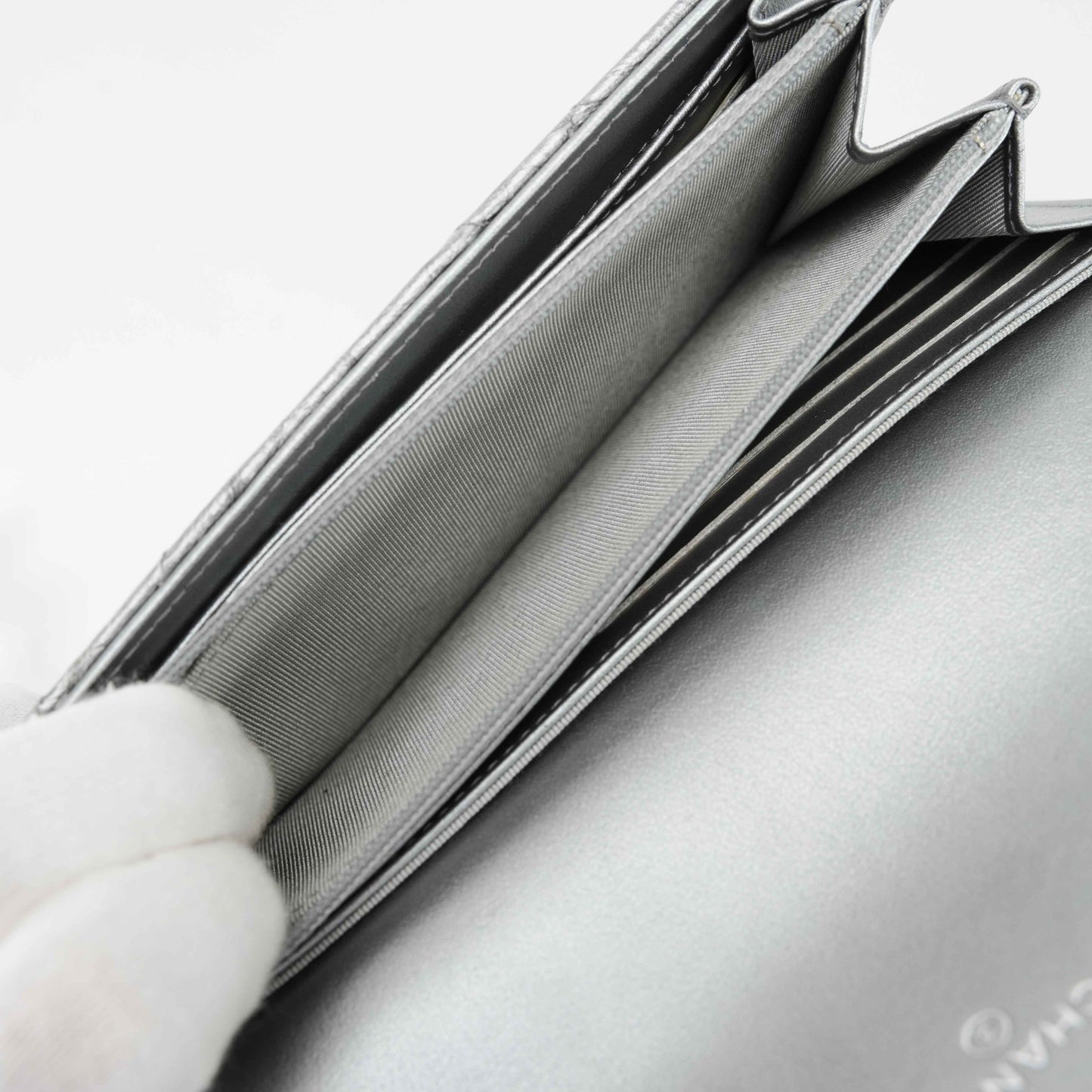 Chanel Metallic Silver Quilted Leather Wallet