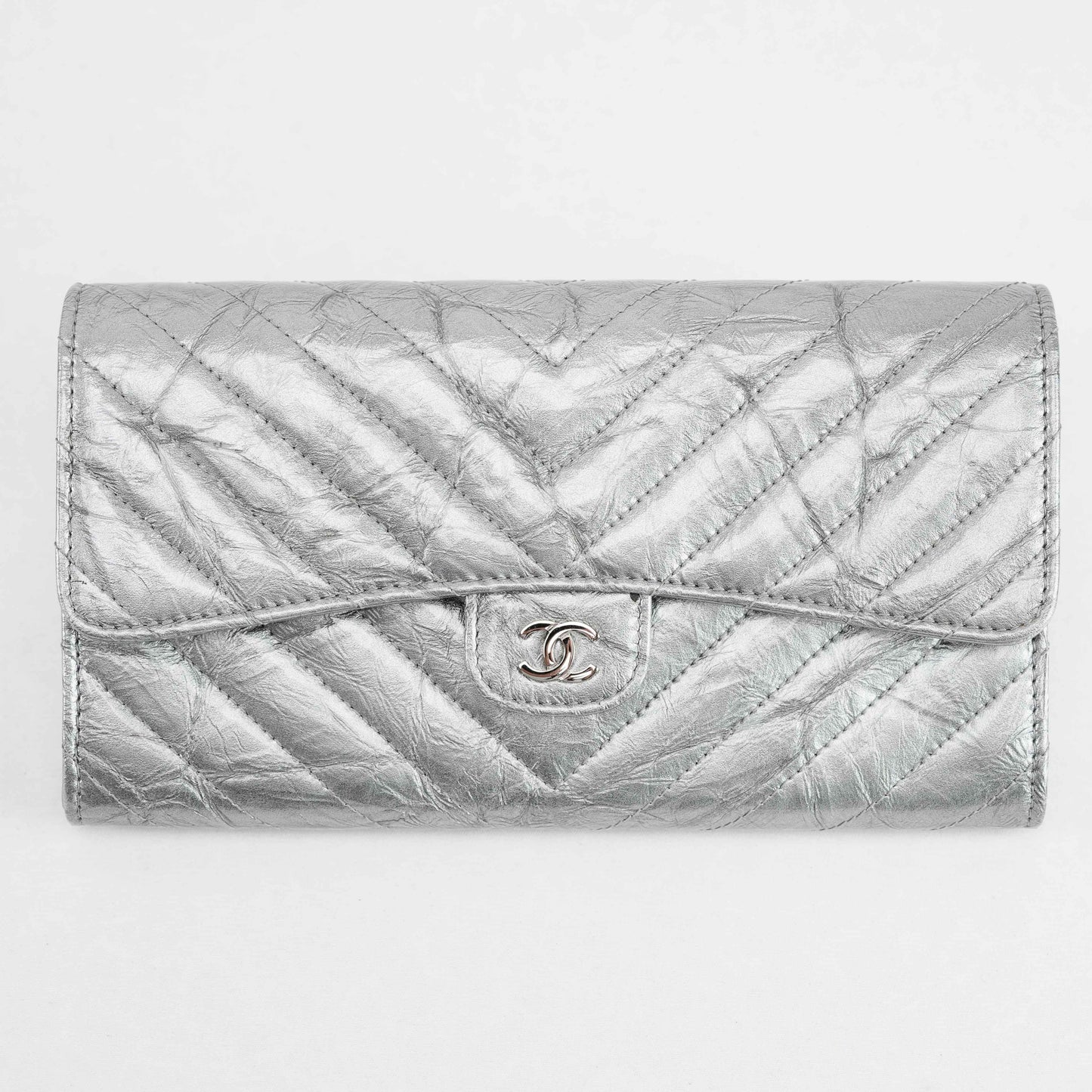 Chanel Metallic Silver Quilted Leather Wallet