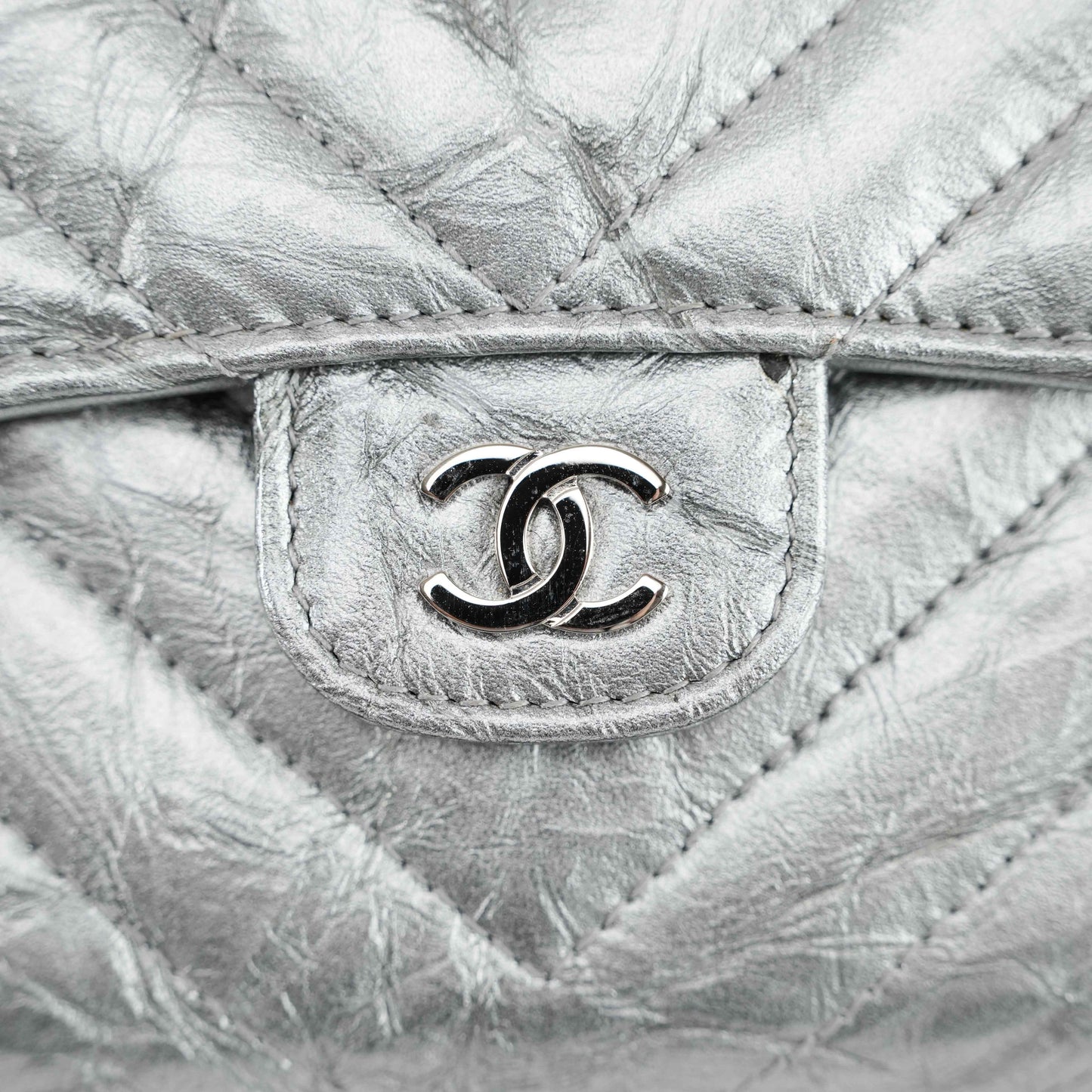 Chanel Metallic Silver Quilted Leather Wallet