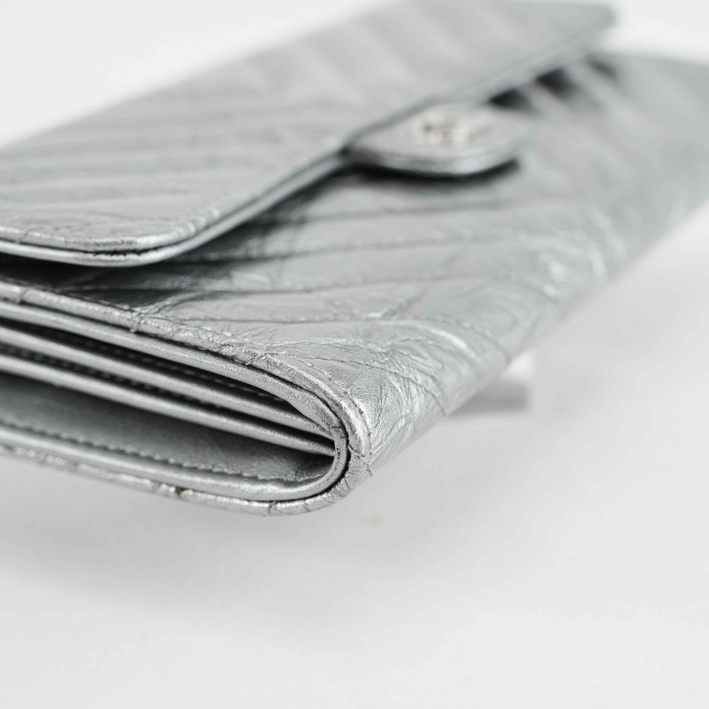 Chanel Metallic Silver Quilted Leather Wallet