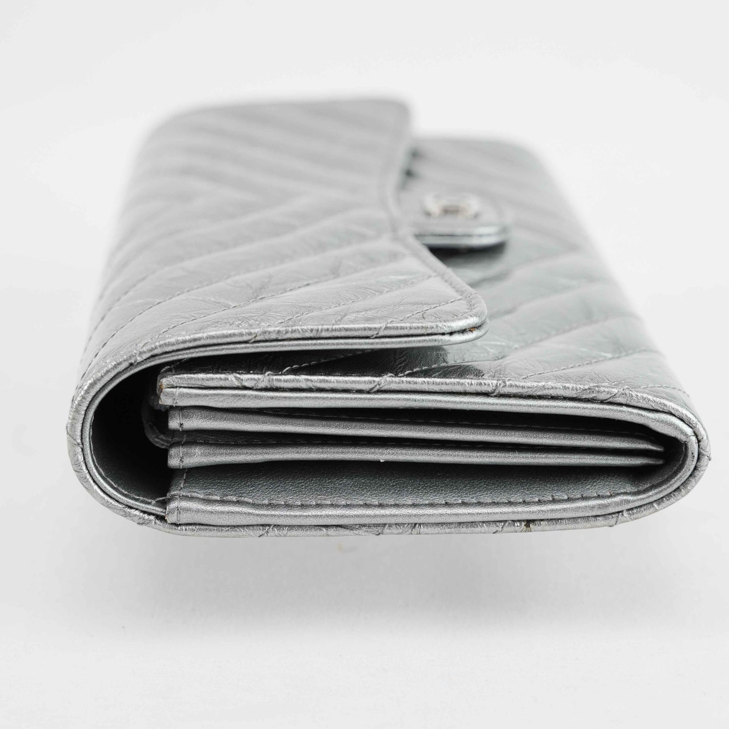 Chanel Metallic Silver Quilted Leather Wallet