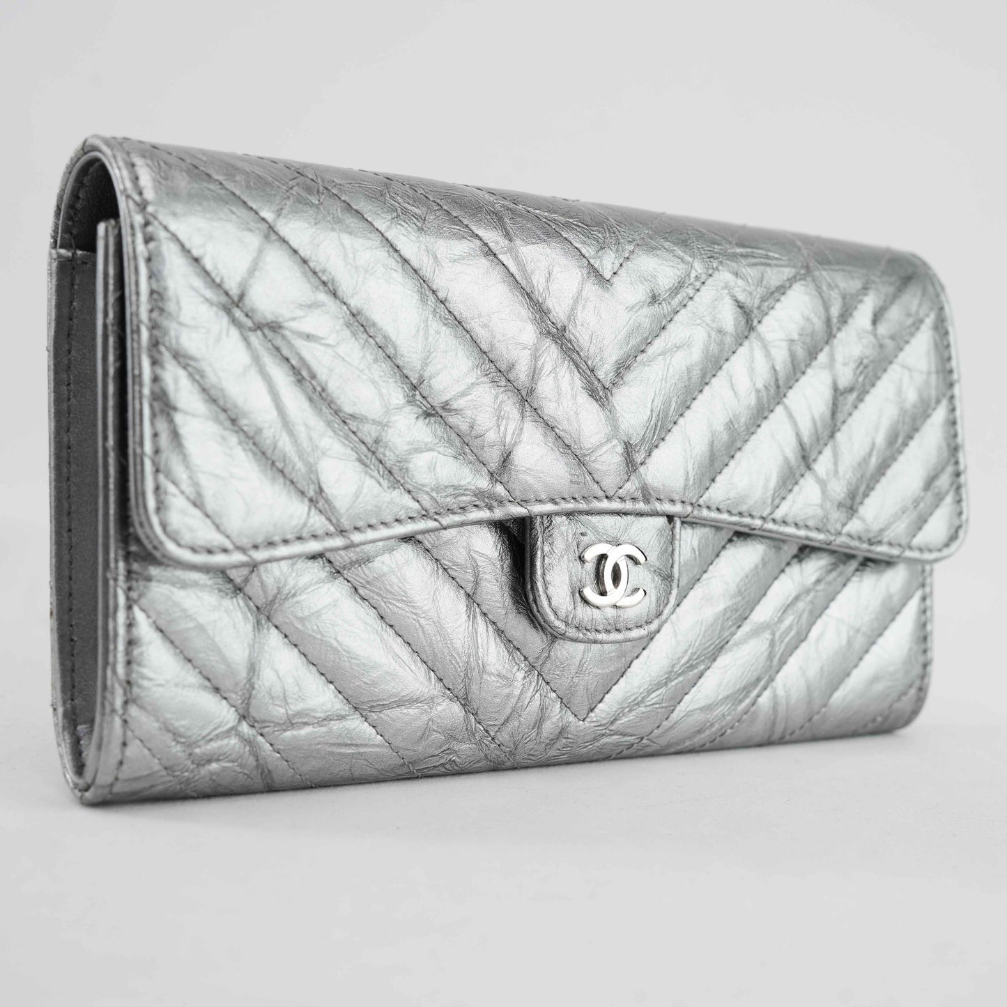 Chanel Metallic Silver Quilted Leather Wallet