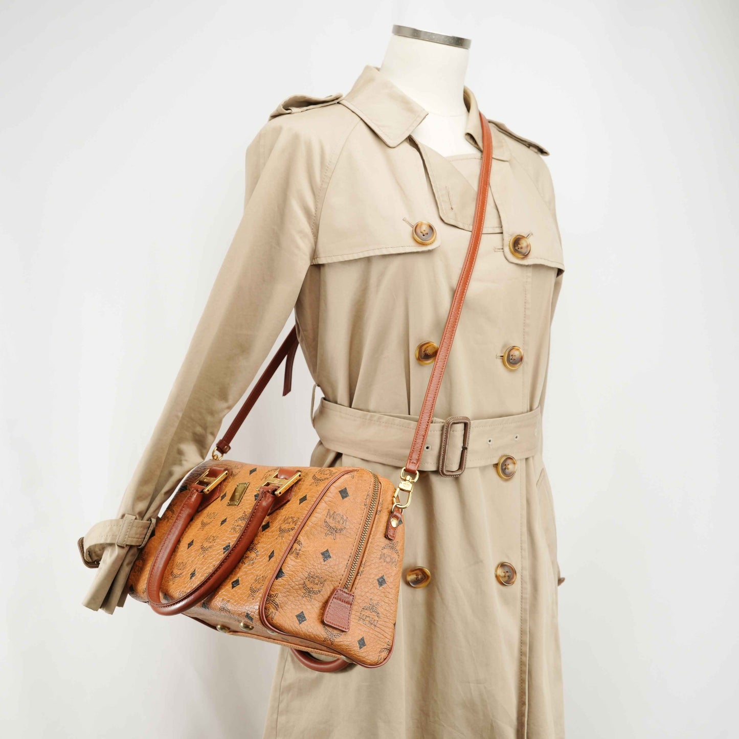 Authentic MCM Visetos Cognac Boston Satchel Bag with shoulder strap