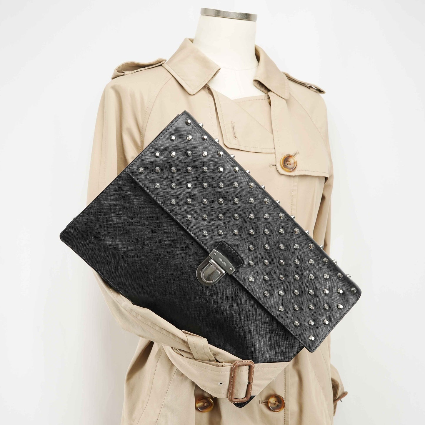 Prada Black Studded Saffiano Leather Clutch Bag