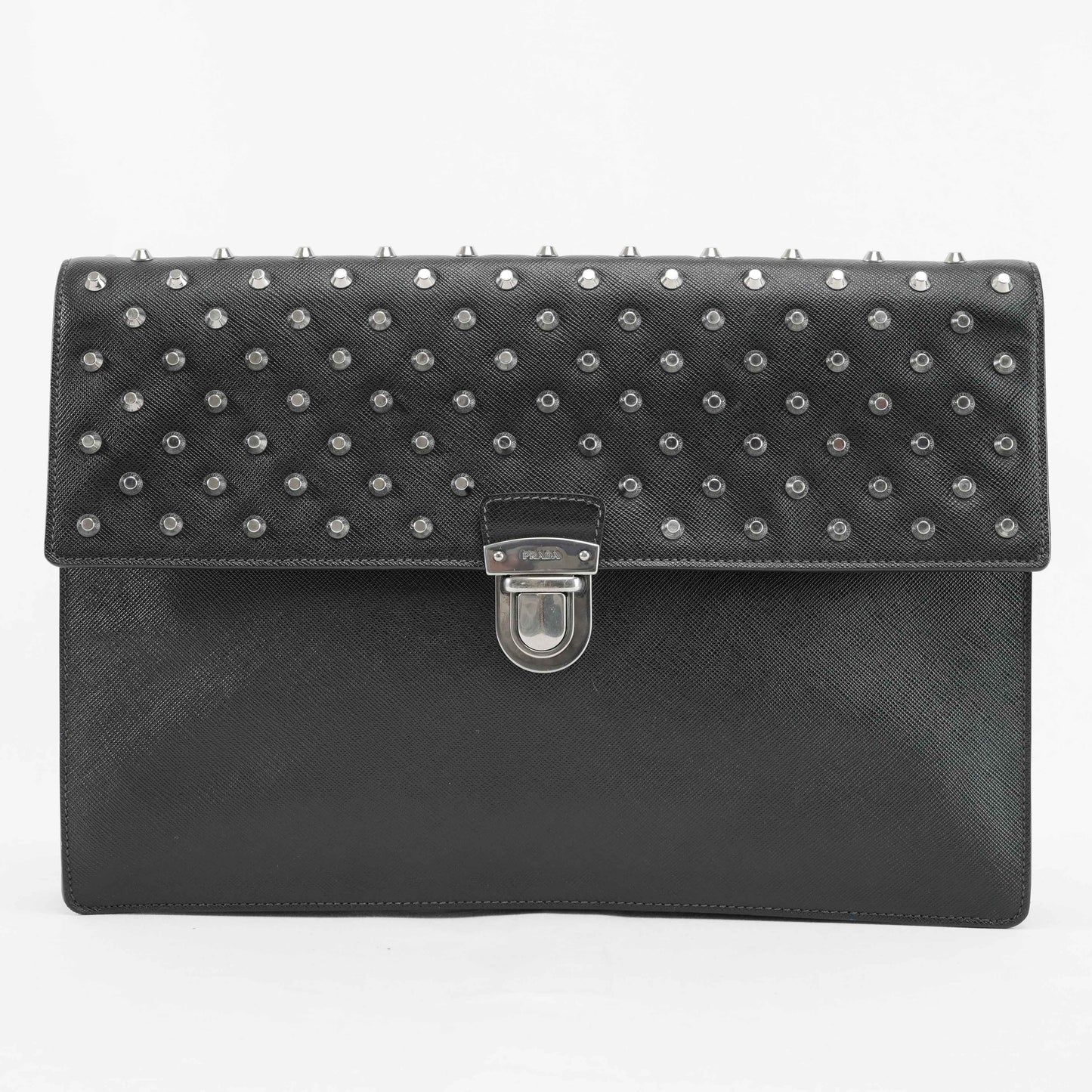 Prada Black Studded Saffiano Leather Clutch Bag