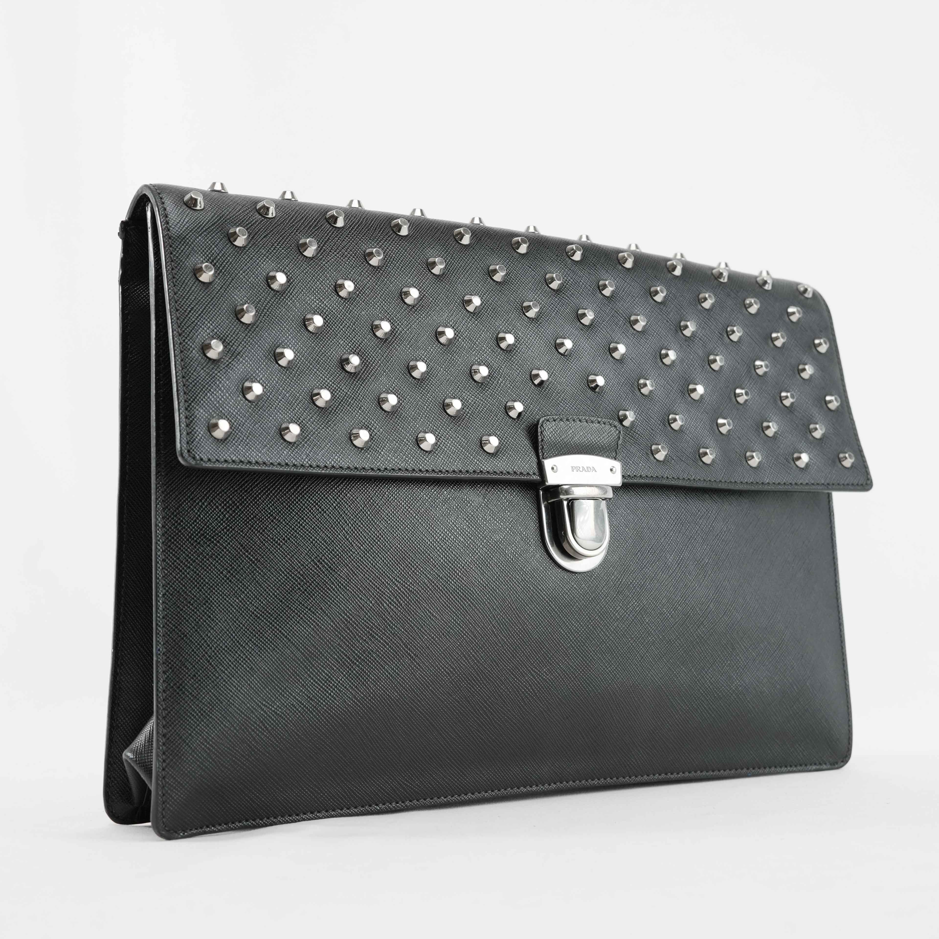 Prada Black Studded Saffiano Leather Clutch Bag – Connect