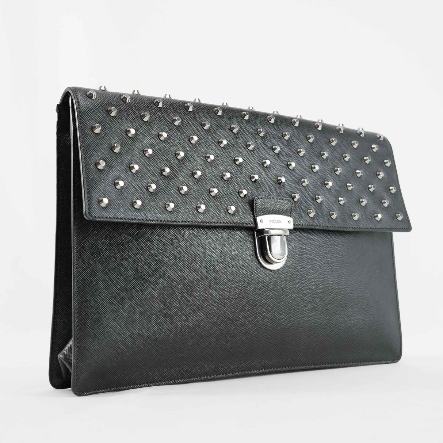 Prada Black Studded Saffiano Leather Clutch Bag