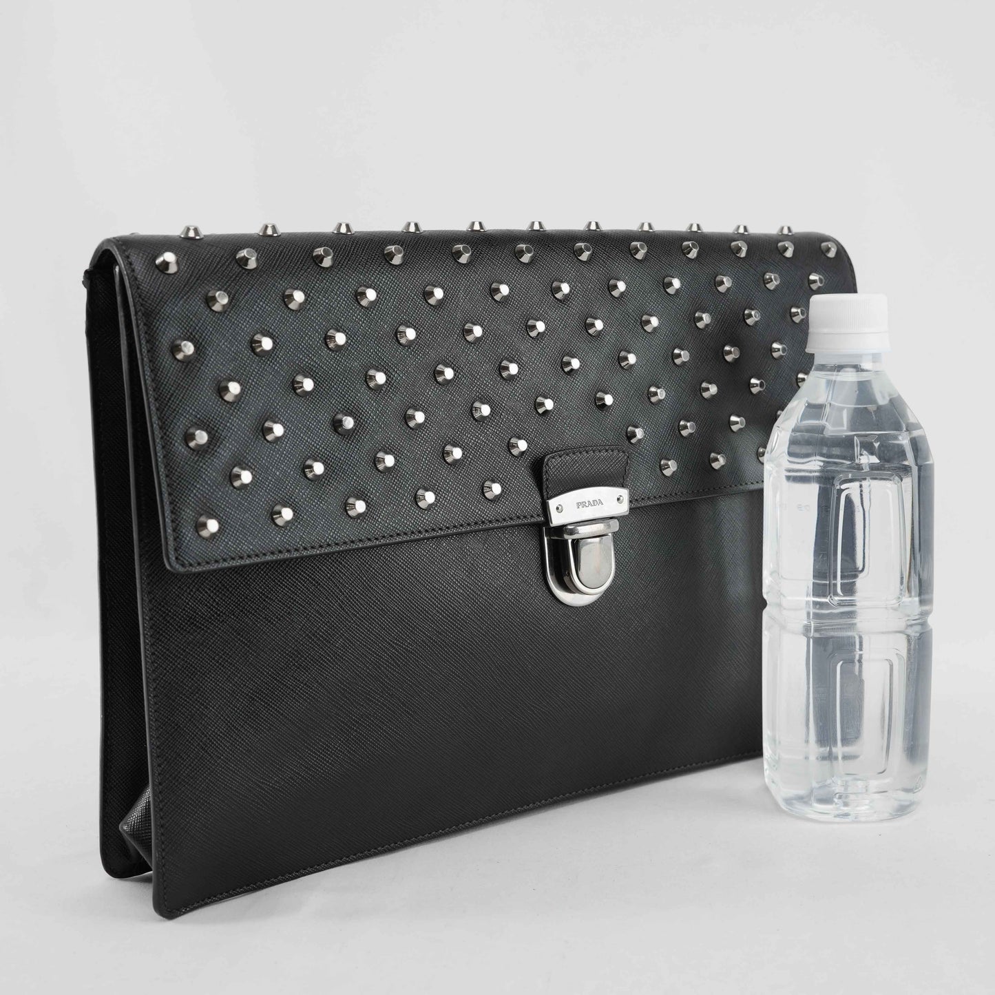 Prada Black Studded Saffiano Leather Clutch Bag