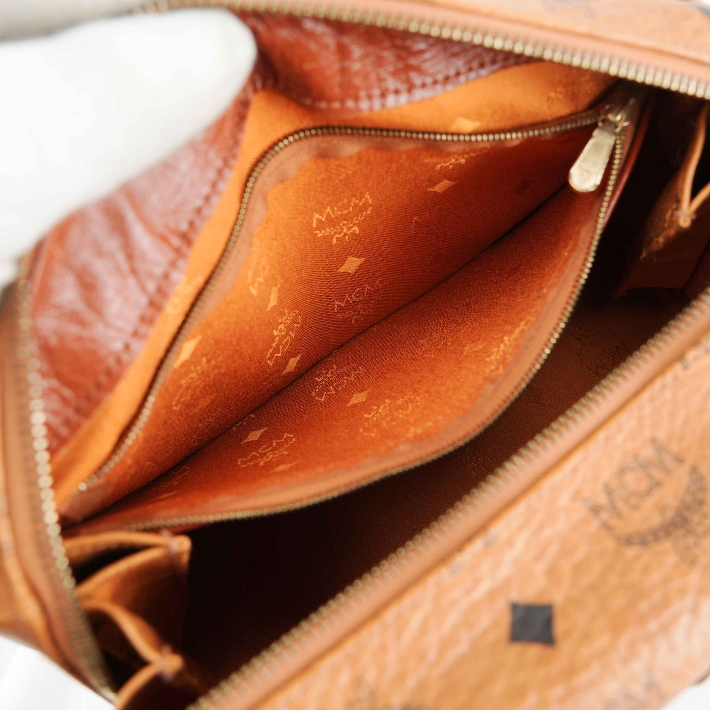 Authentic MCM Visetos Cognac Boston Satchel Bag with shoulder strap