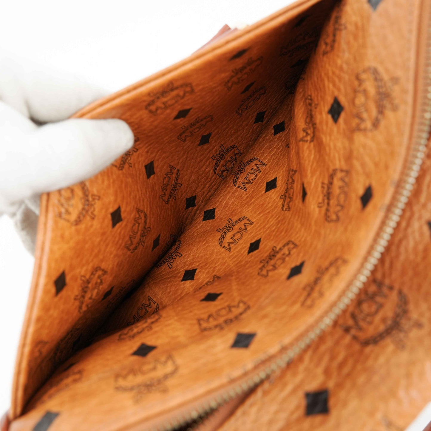 Authentic MCM Visetos Cognac Boston Satchel Bag with shoulder strap