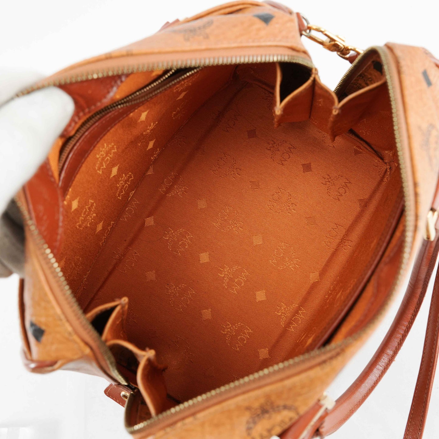 Authentic MCM Visetos Cognac Boston Satchel Bag with shoulder strap