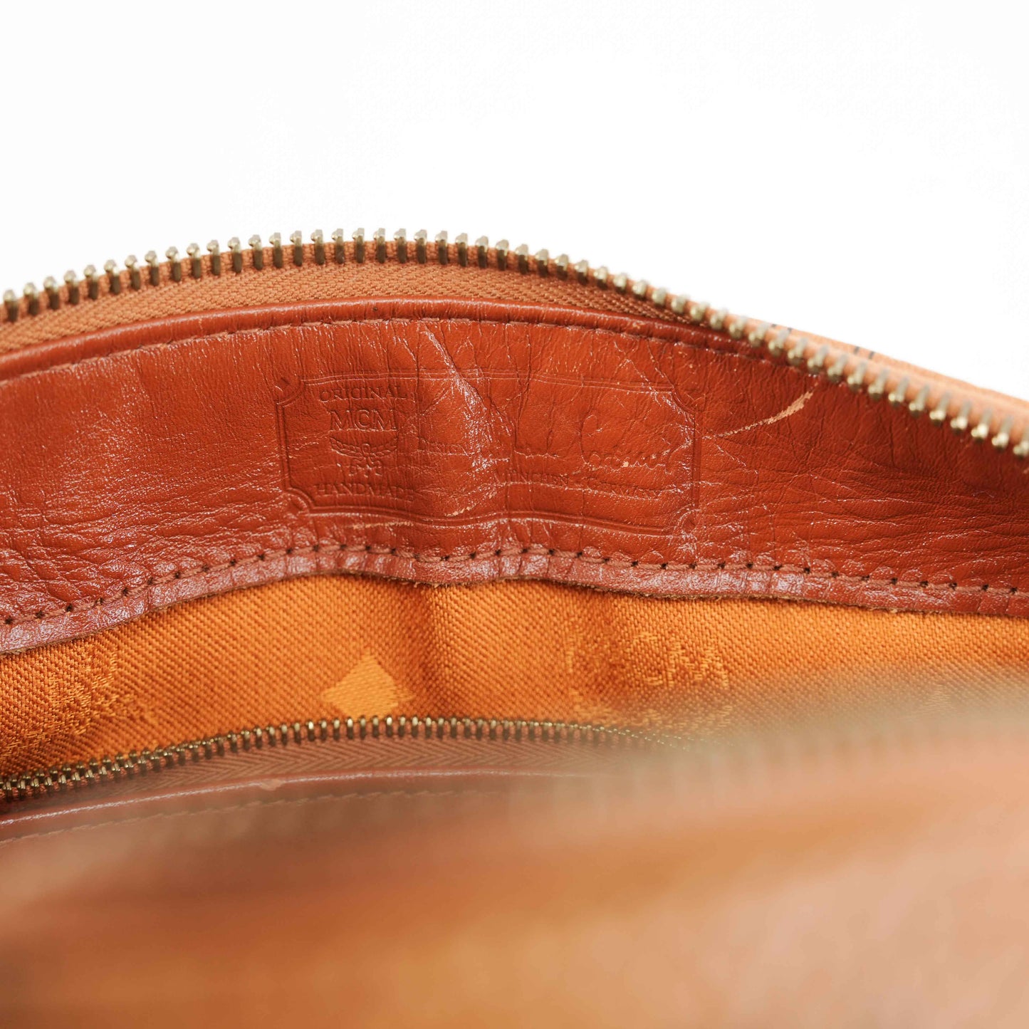 Authentic MCM Visetos Cognac Boston Satchel Bag with shoulder strap