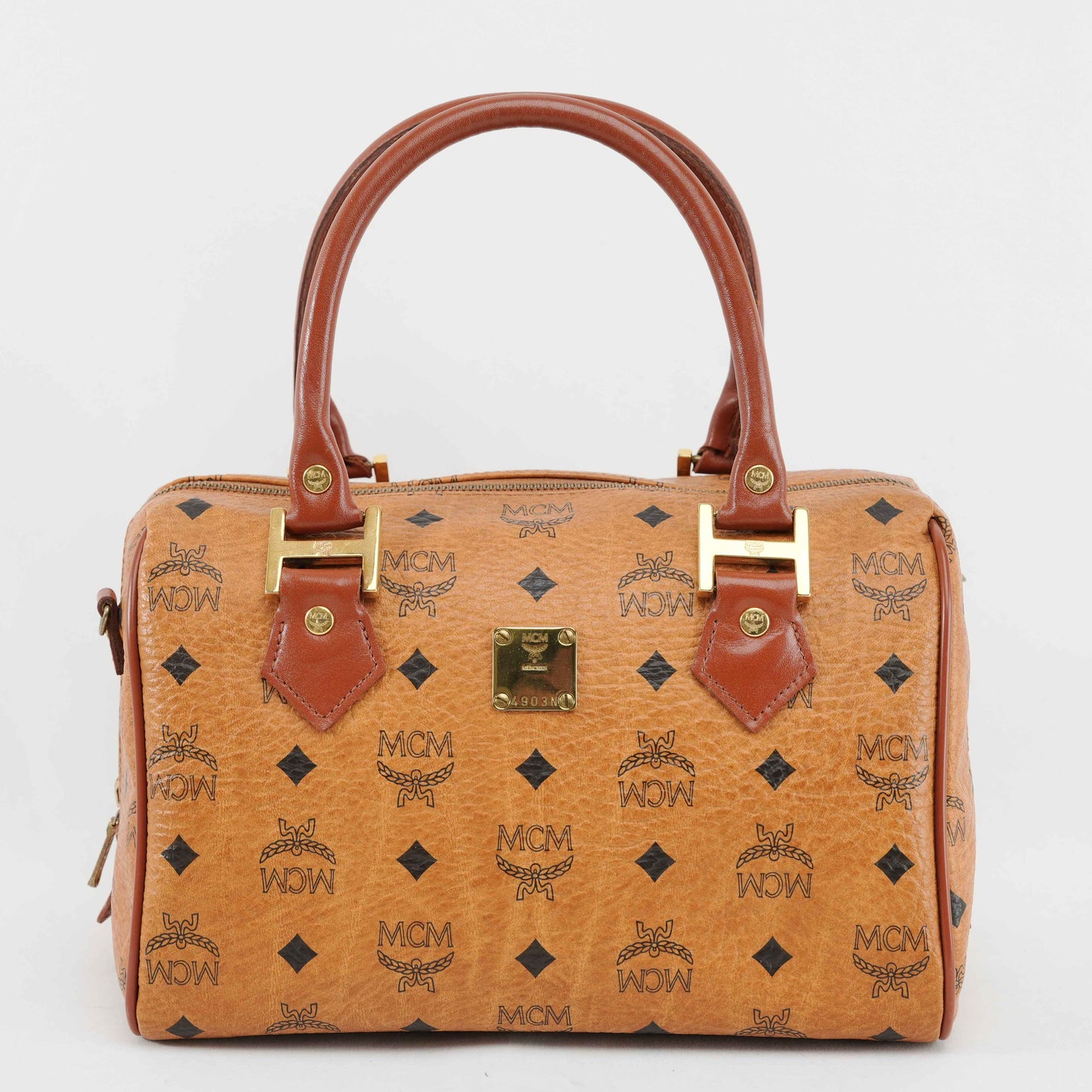 Authentic MCM Visetos Cognac Boston Satchel Bag with shoulder strap