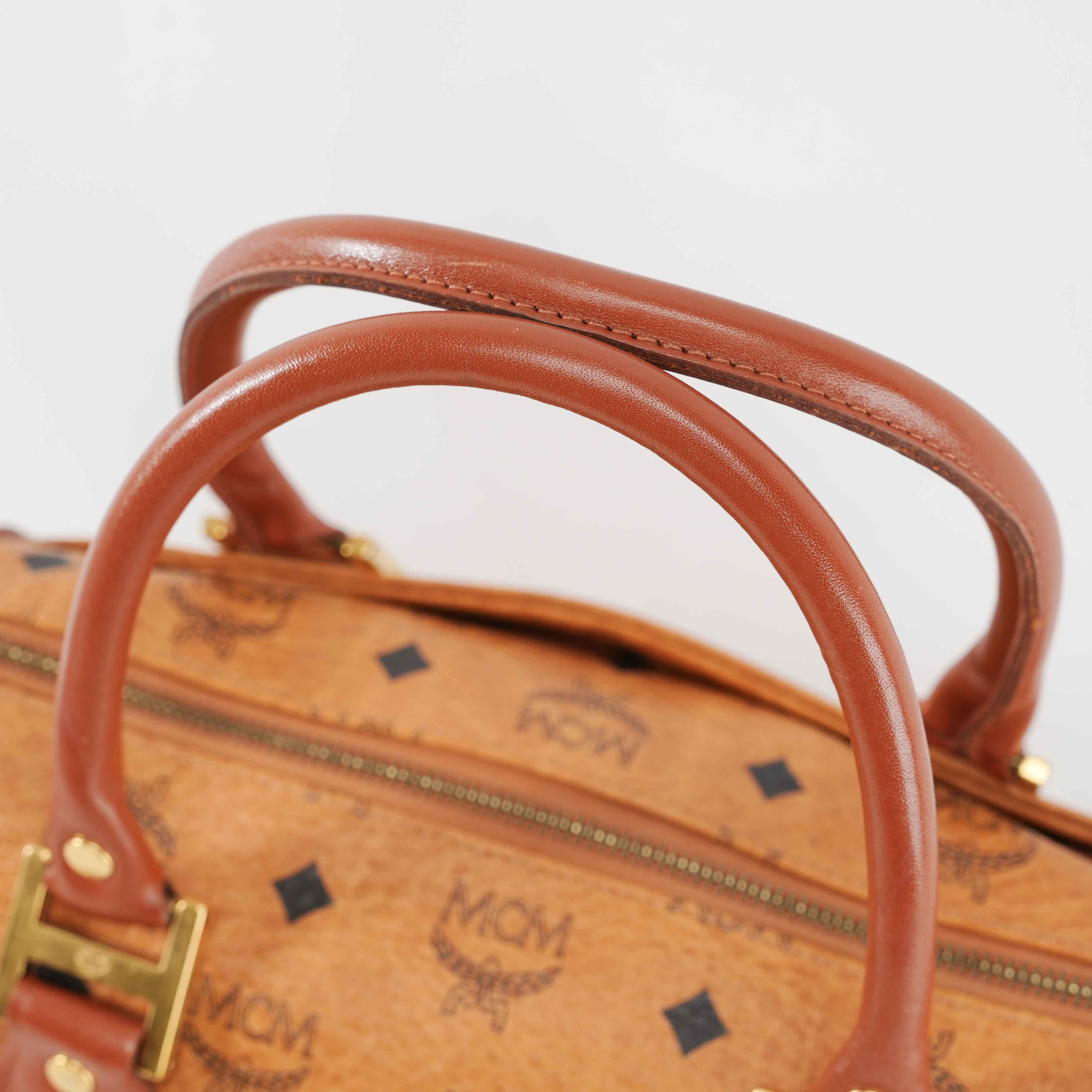 Authentic MCM Visetos Cognac Boston Satchel Bag with shoulder