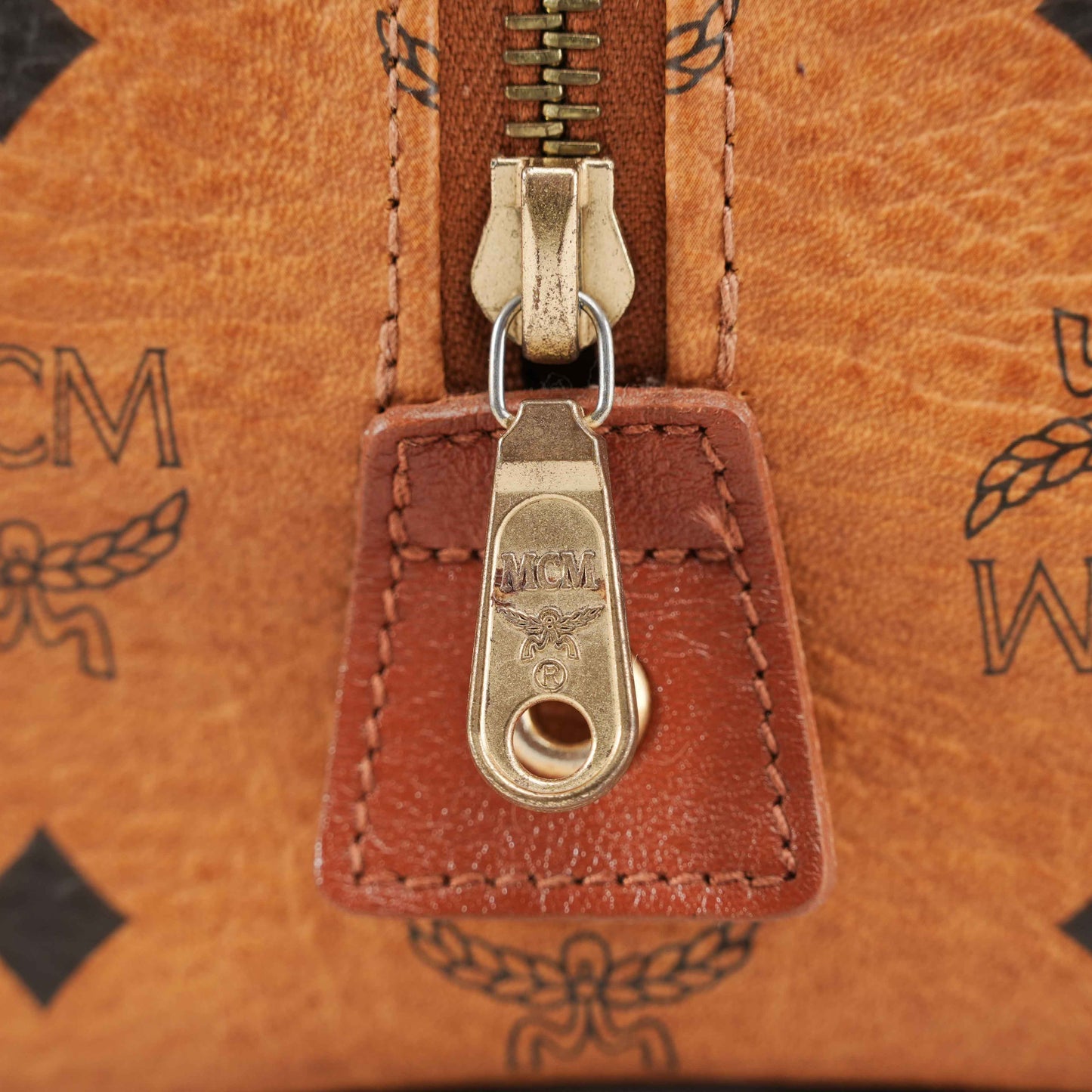 Authentic MCM Visetos Cognac Boston Satchel Bag with shoulder strap