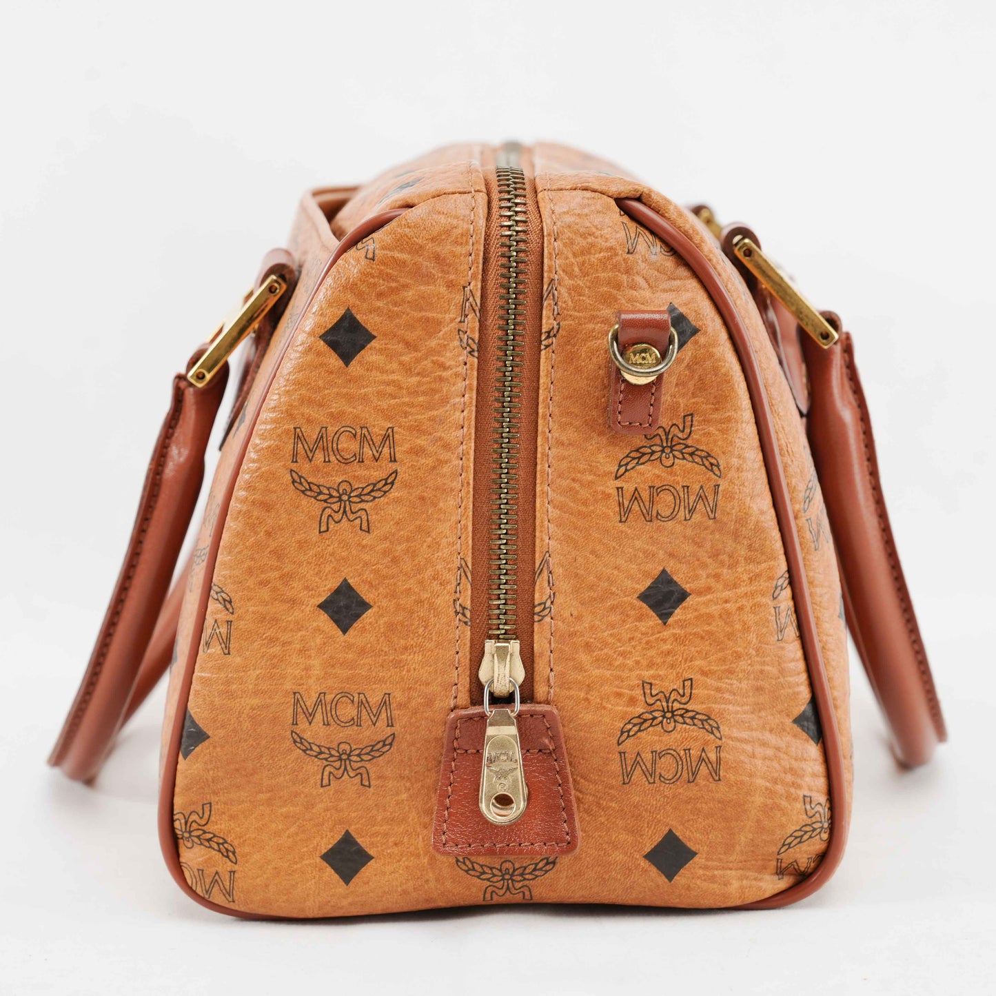 Authentic MCM Visetos Cognac Boston Satchel Bag with shoulder strap