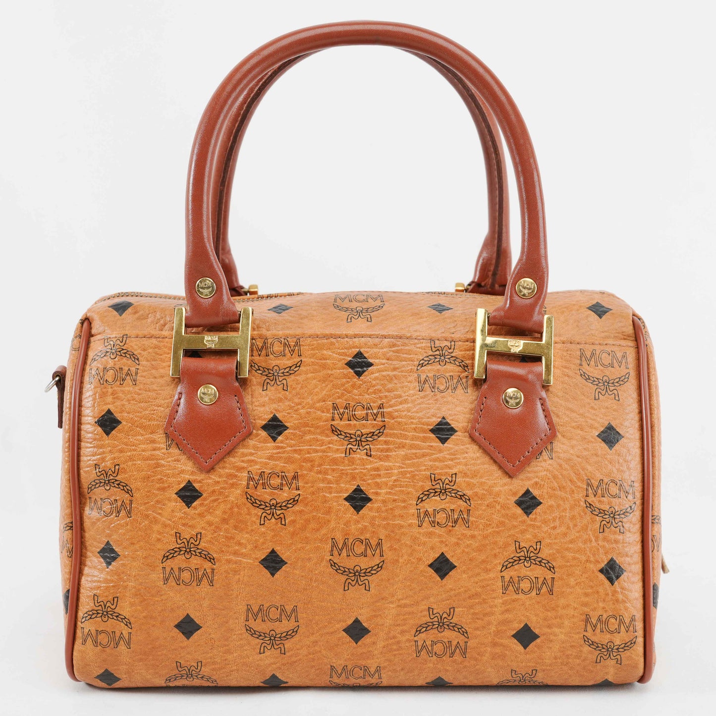 Authentic MCM Visetos Cognac Boston Satchel Bag with shoulder strap