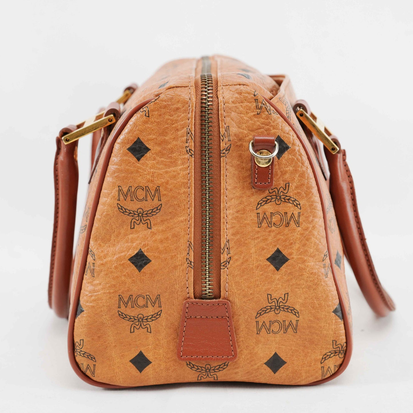 Authentic MCM Visetos Cognac Boston Satchel Bag with shoulder strap