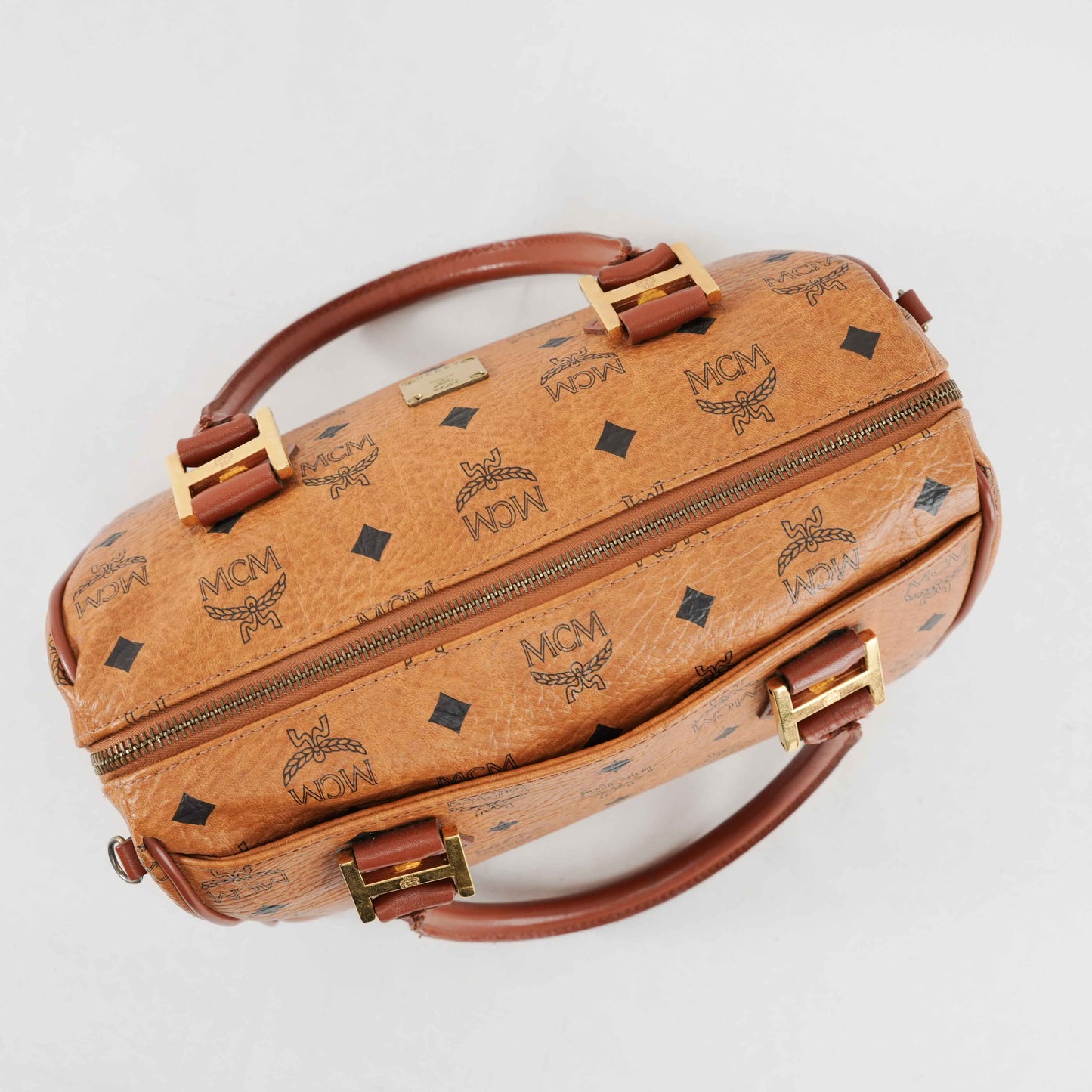 Authentic MCM Visetos Cognac Boston Satchel Bag with shoulder strap