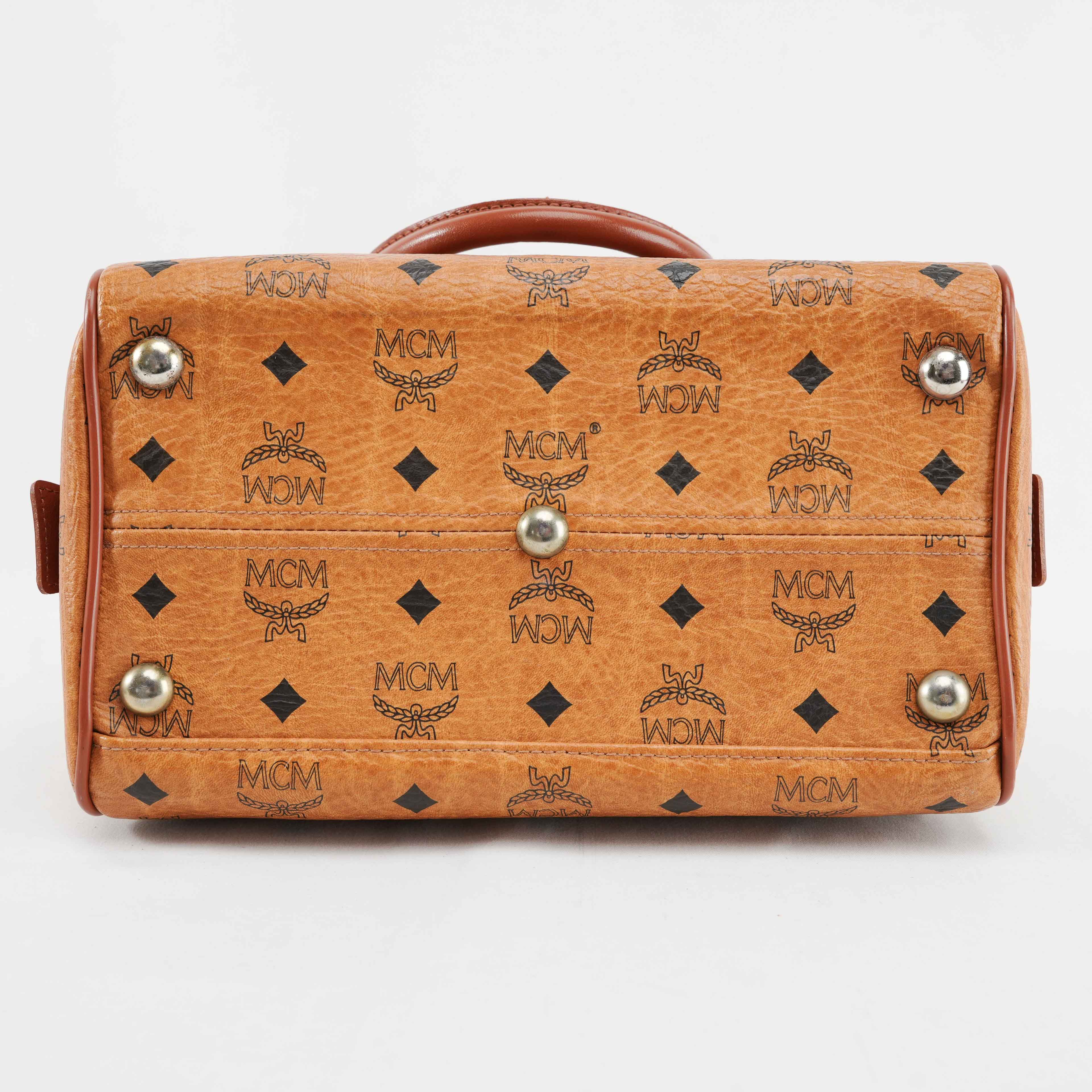Authentic MCM Visetos Cognac Boston Satchel Bag with shoulder