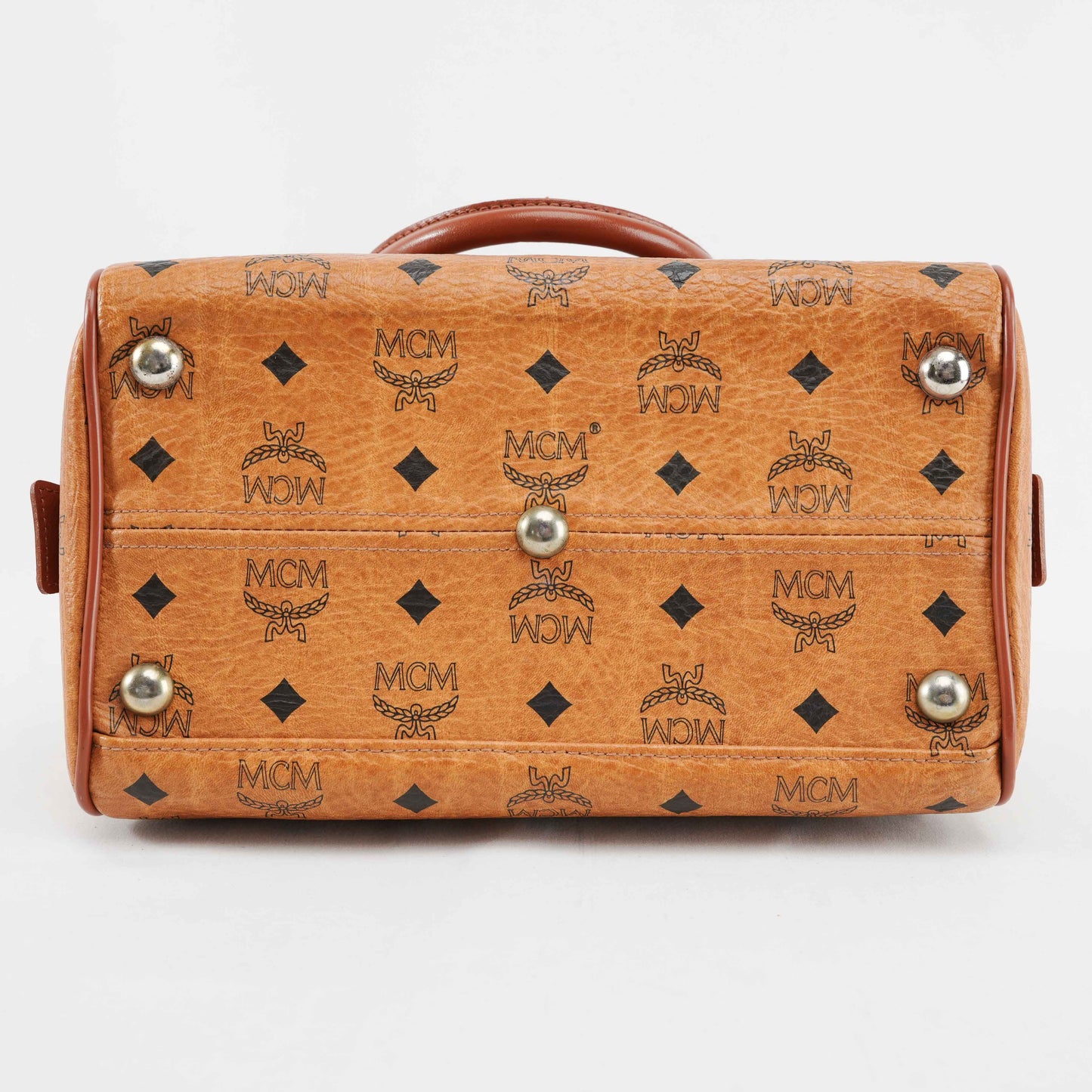 Authentic MCM Visetos Cognac Boston Satchel Bag with shoulder strap