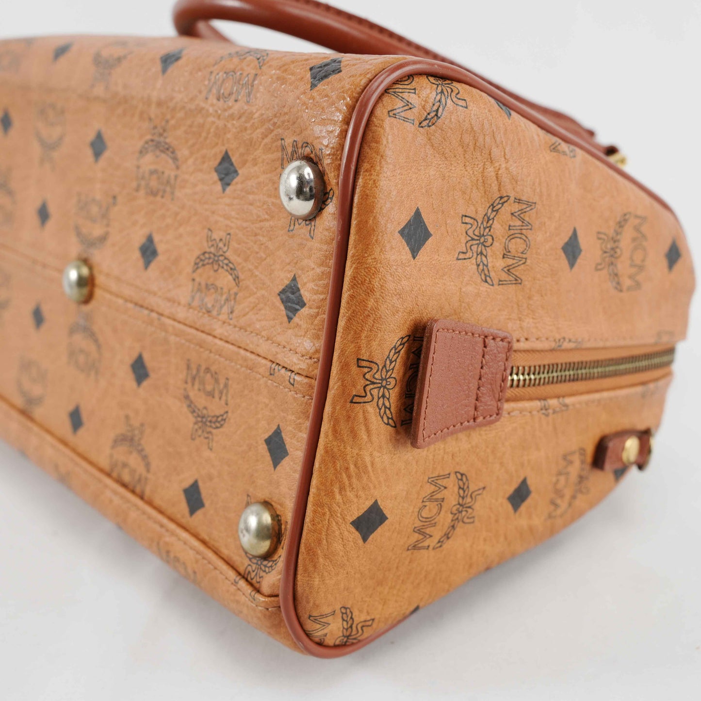 Authentic MCM Visetos Cognac Boston Satchel Bag with shoulder strap