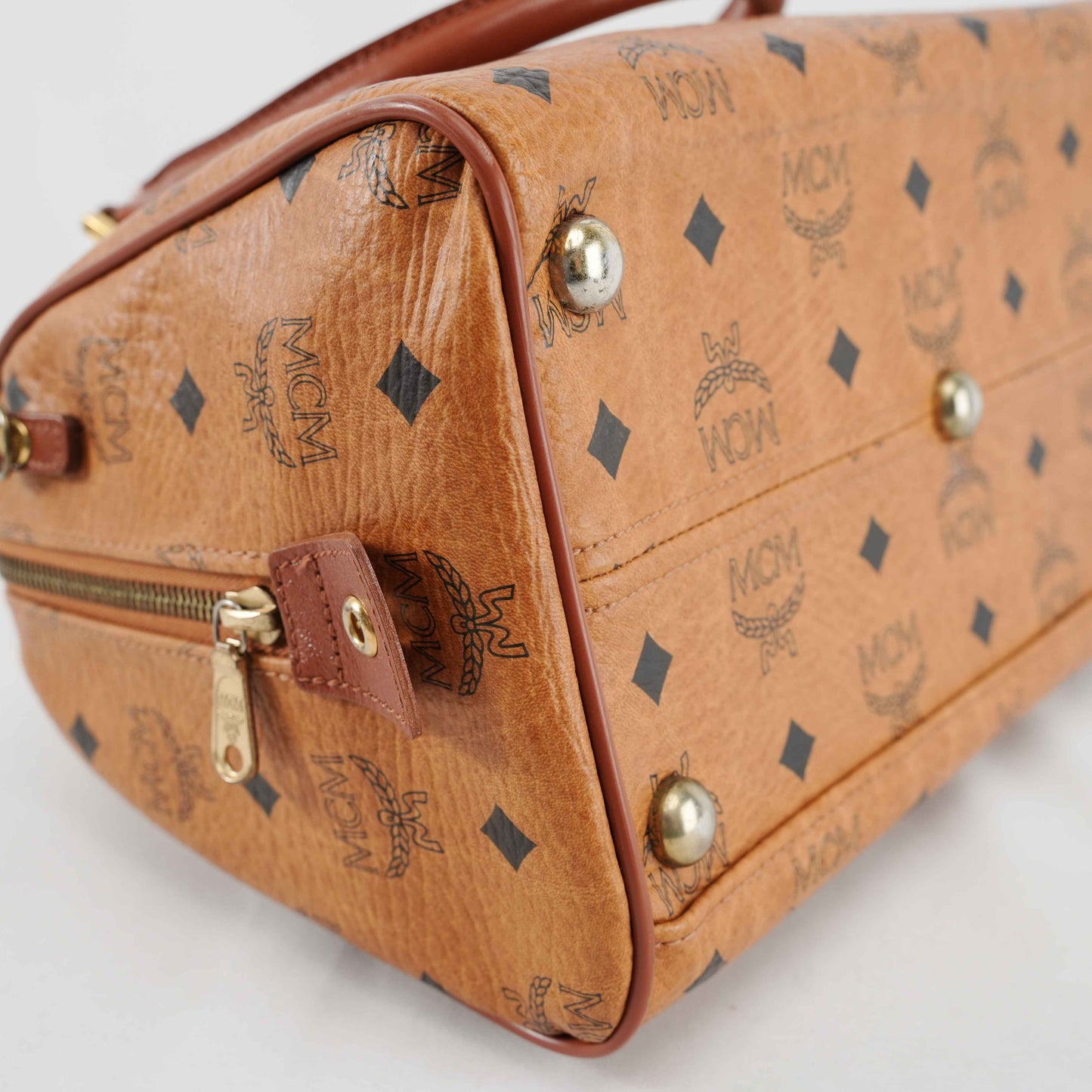 Authentic MCM Visetos Cognac Boston Satchel Bag with shoulder strap